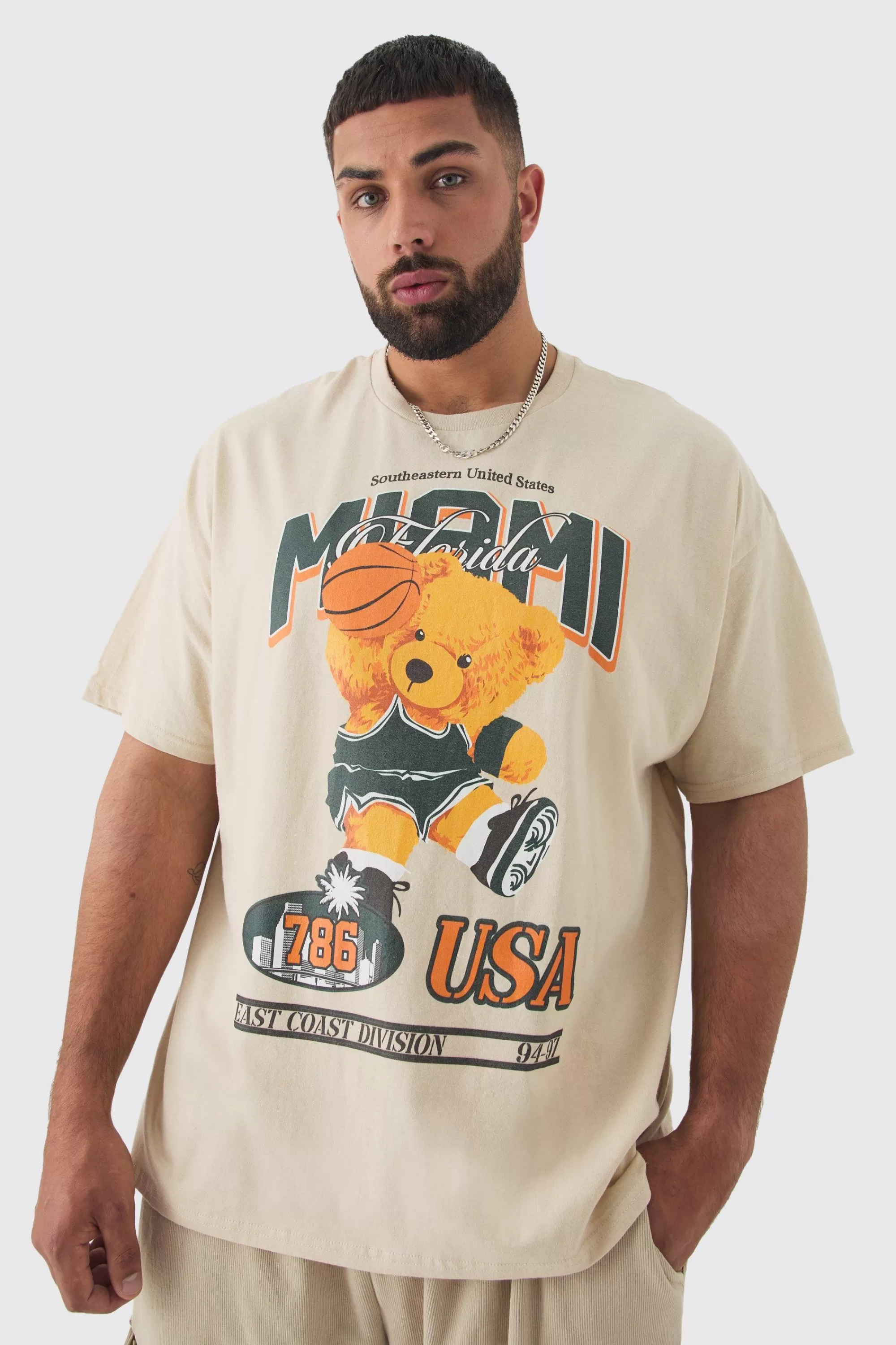 boohooMAN Plus Oversized Varsity Teddy Graphic T-shirt | UK sand Online