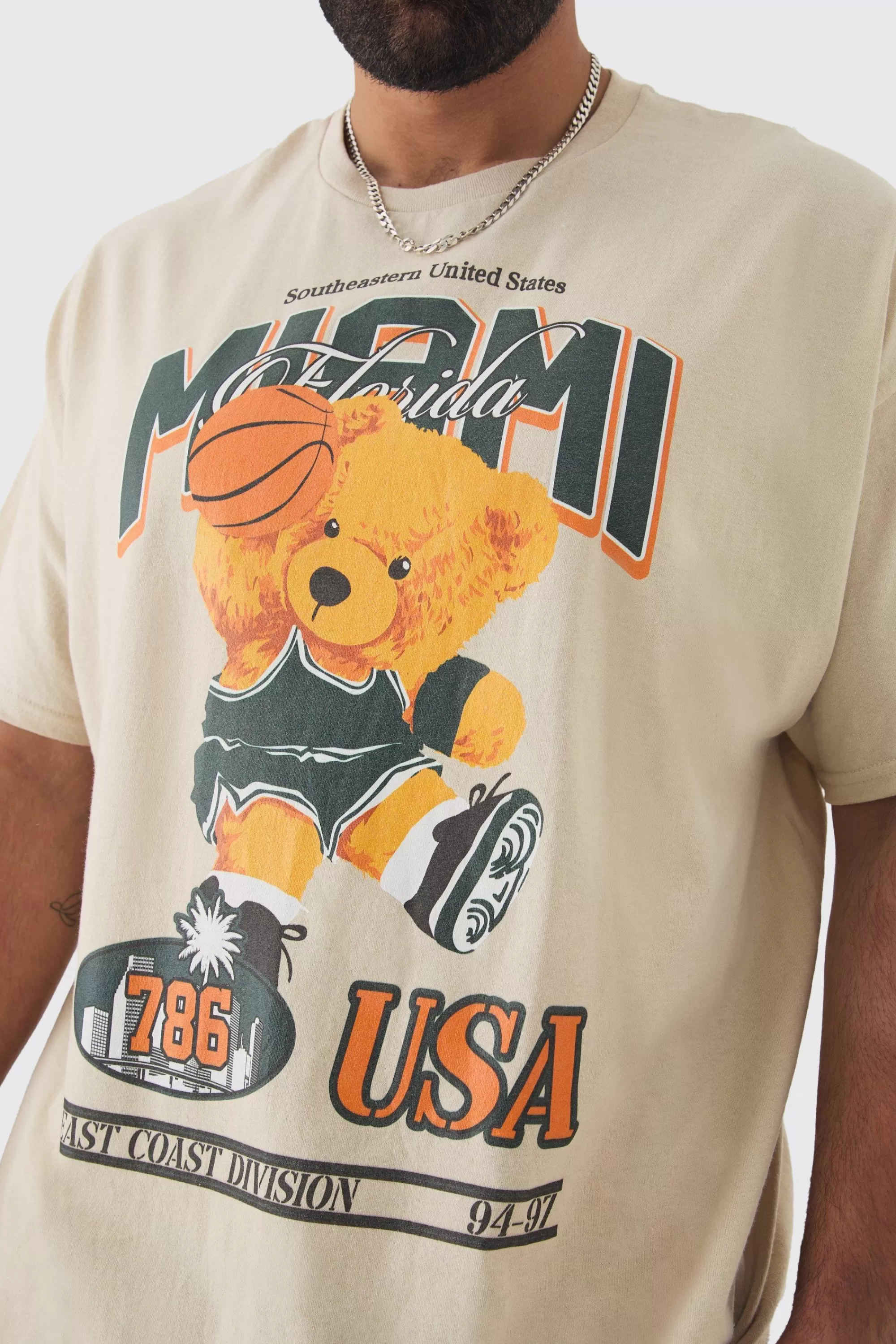 boohooMAN Plus Oversized Varsity Teddy Graphic T-shirt | UK sand Online