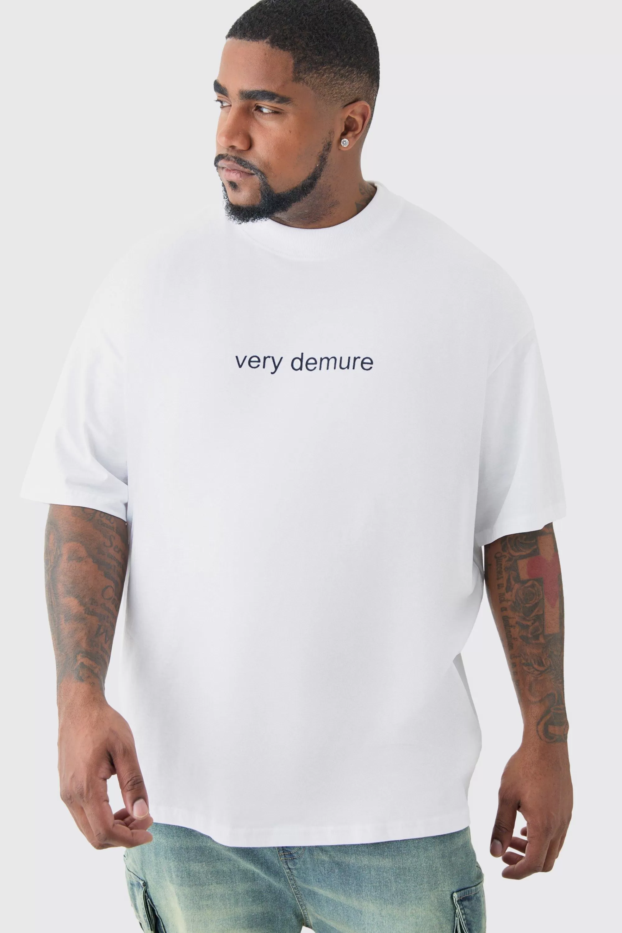 boohooMAN Plus Oversized Very Demure T-Shirt | UK white New