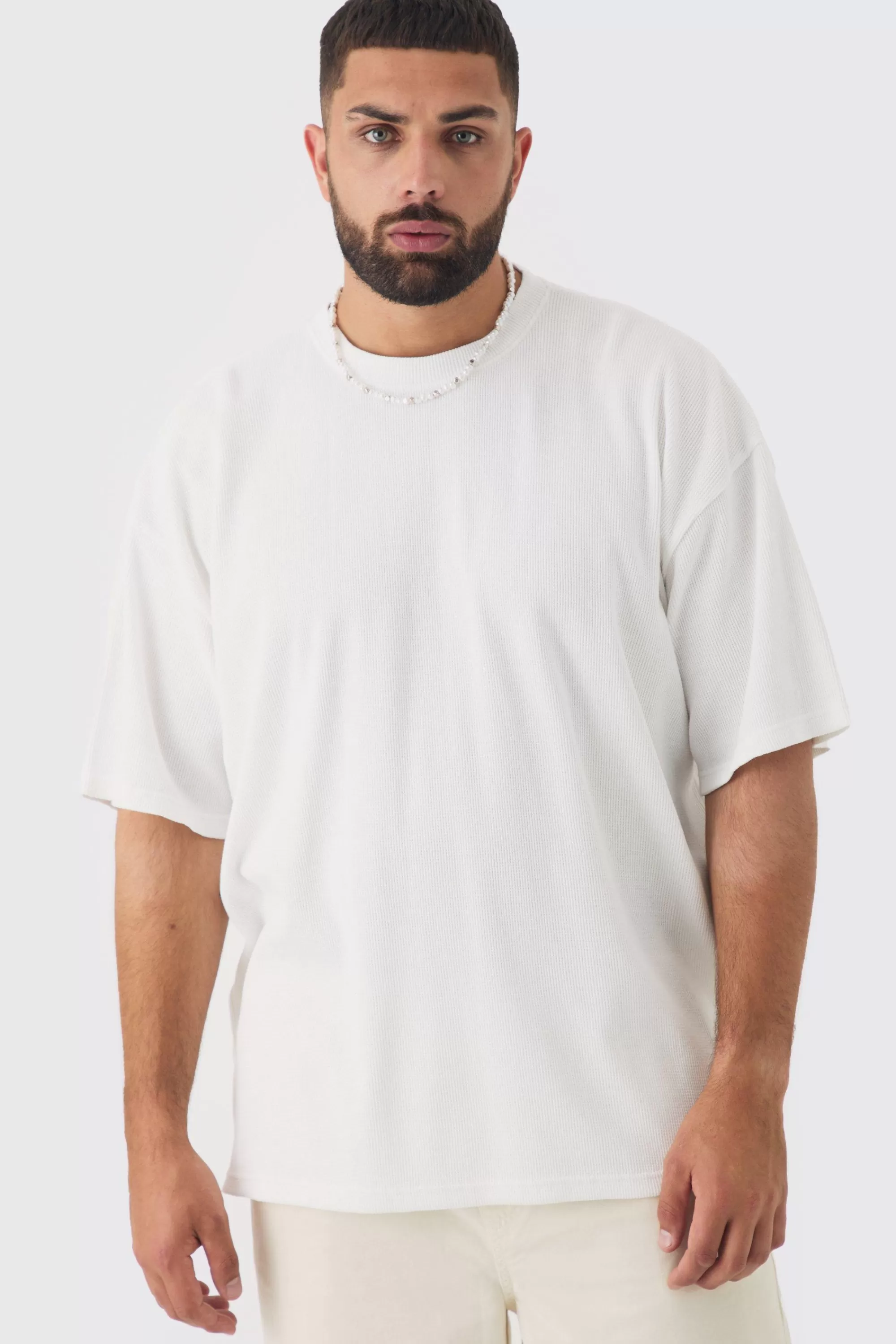 boohooMAN Plus Oversized Waffle T-shirt | UK white Store