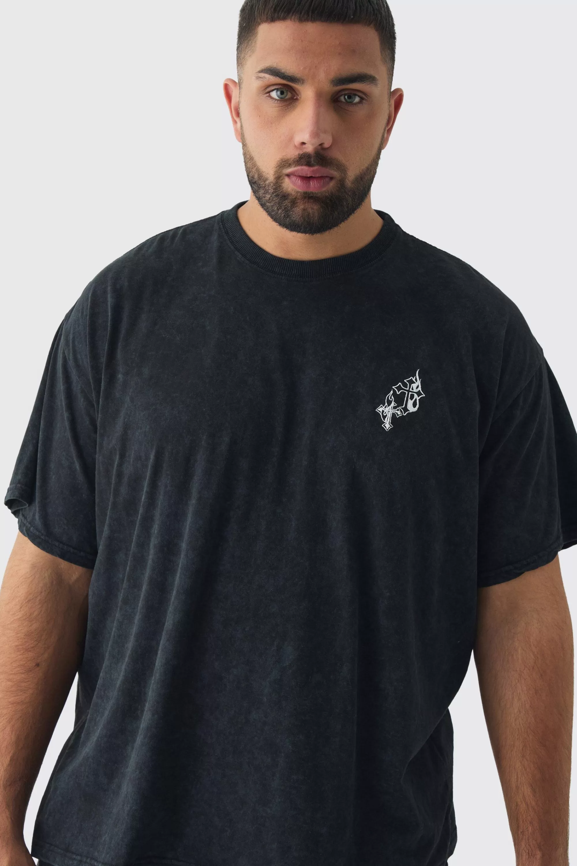 boohooMAN Plus Oversized Washed Cross Embroidered T-Shirt | UK washed black New