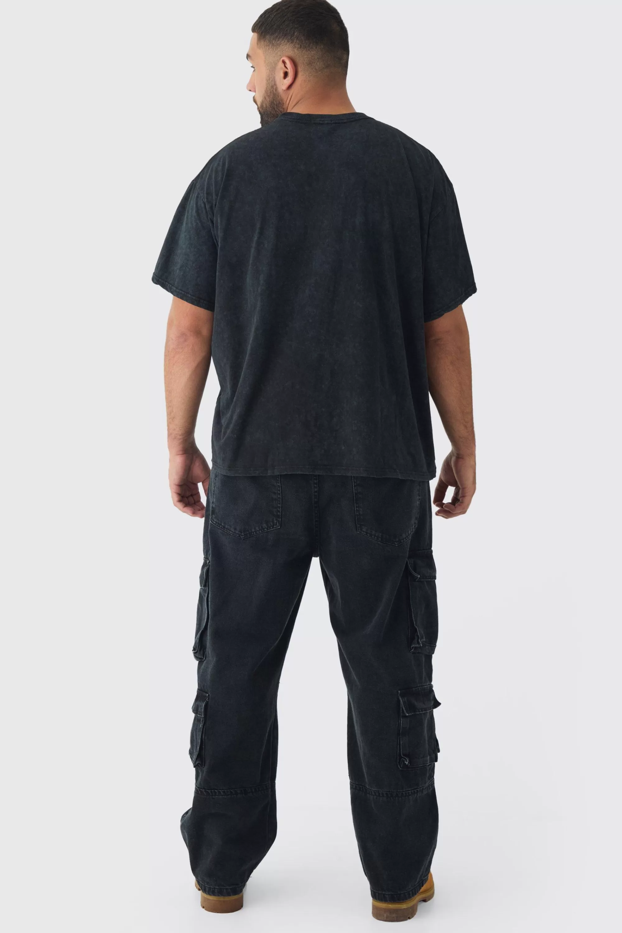 boohooMAN Plus Oversized Washed Cross Embroidered T-Shirt | UK washed black New