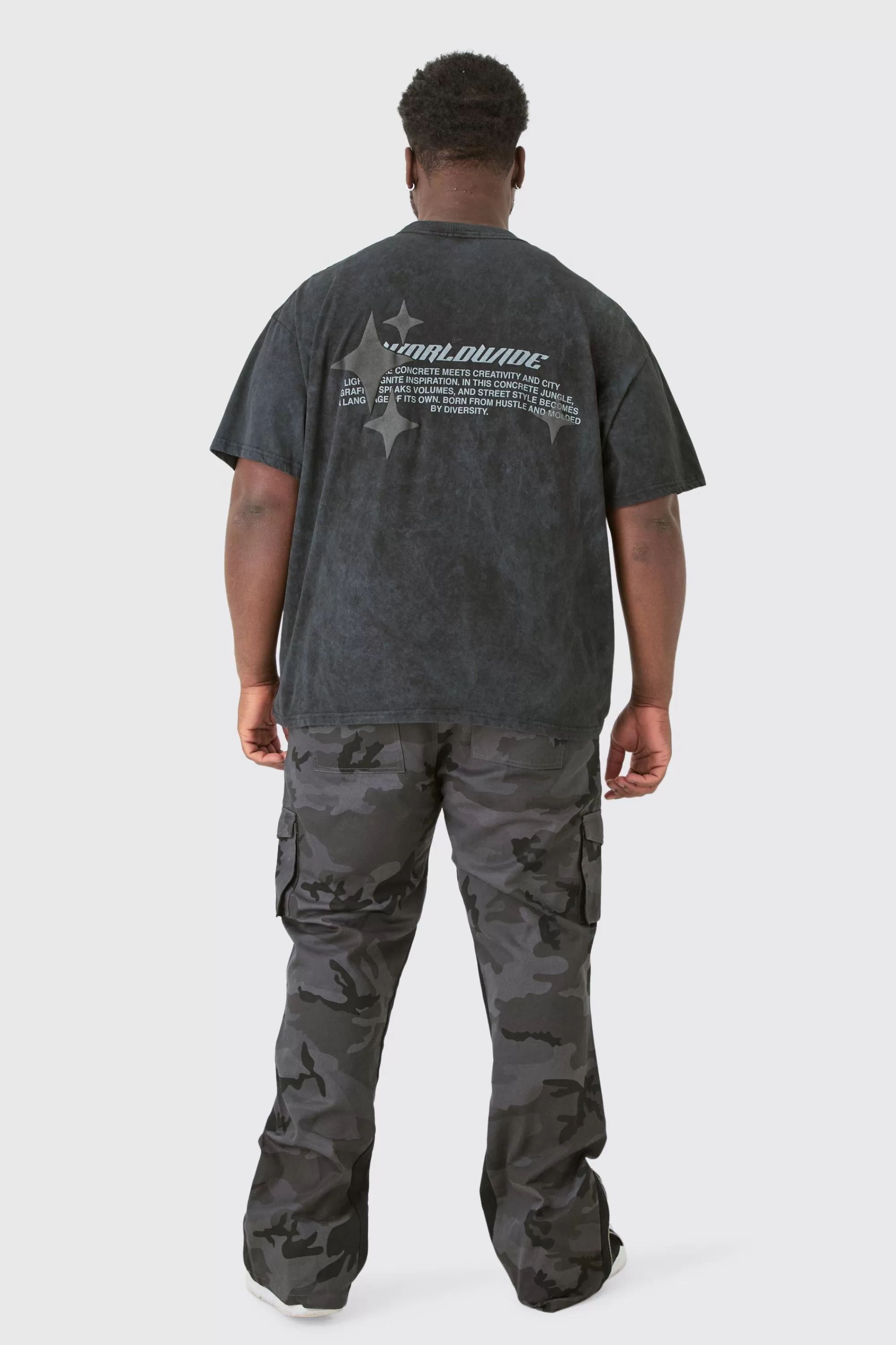 boohooMAN Plus Oversized Worldwide Back Print Star Puff In Acid Wash | UK grey Cheap