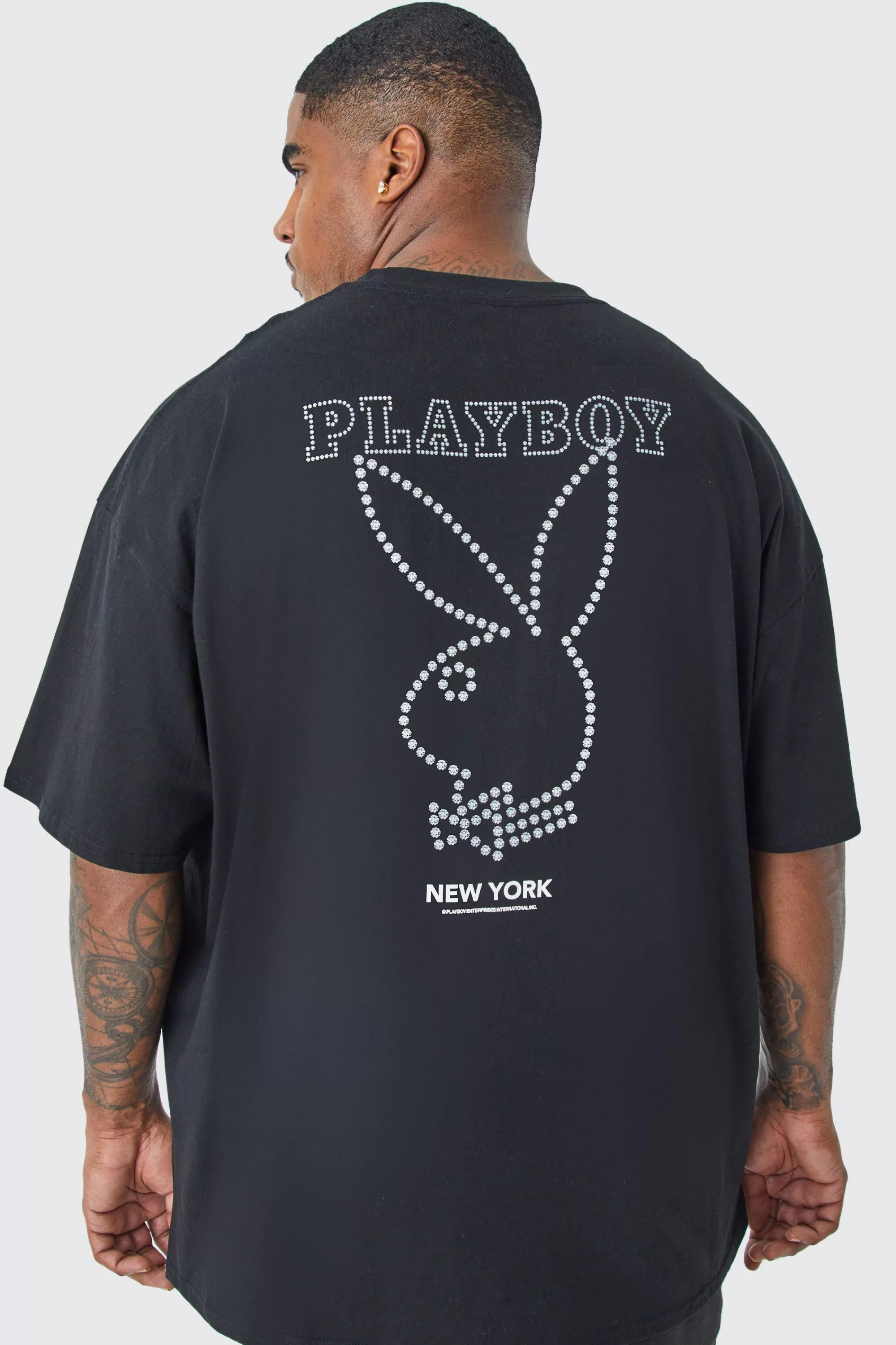 boohooMAN Plus Playboy Rhinestone License T-shirt | UK black Clearance