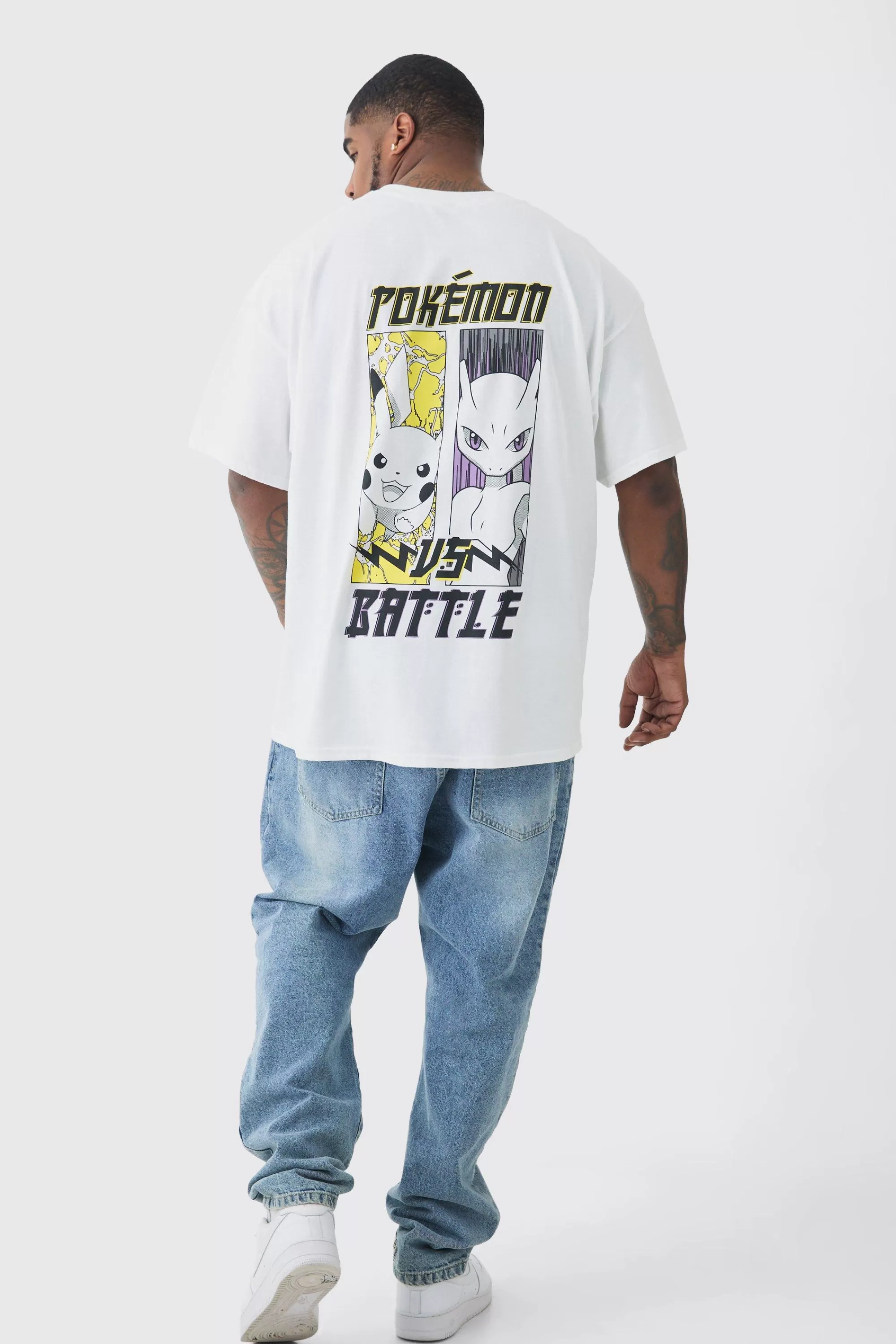 boohooMAN Plus Pokemon Battle Printed Licensed Back Print T-shirt In Ecru | UK black New