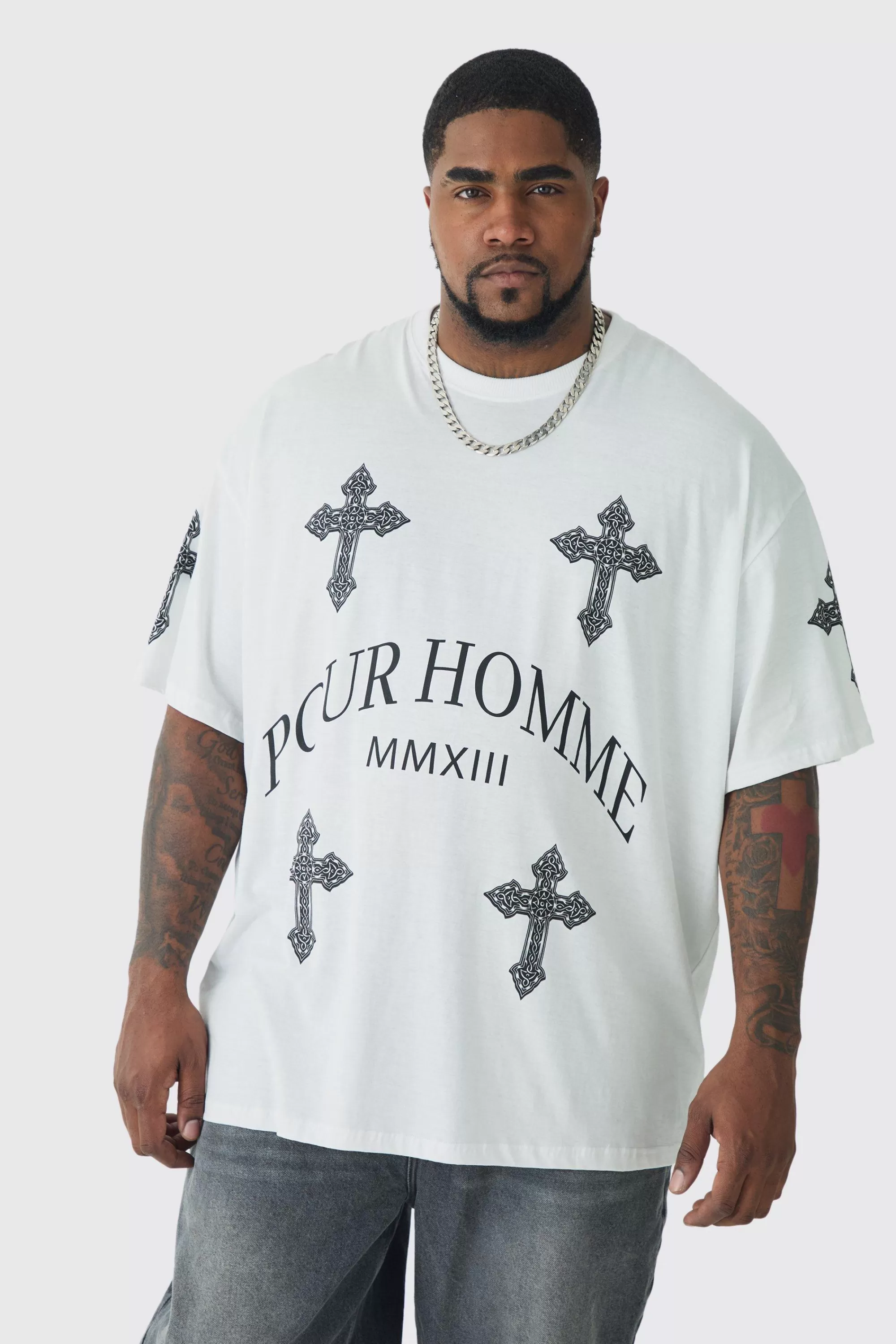 boohooMAN Plus Pour Homme Cross Printed T-shirt In | UK white Best Sale