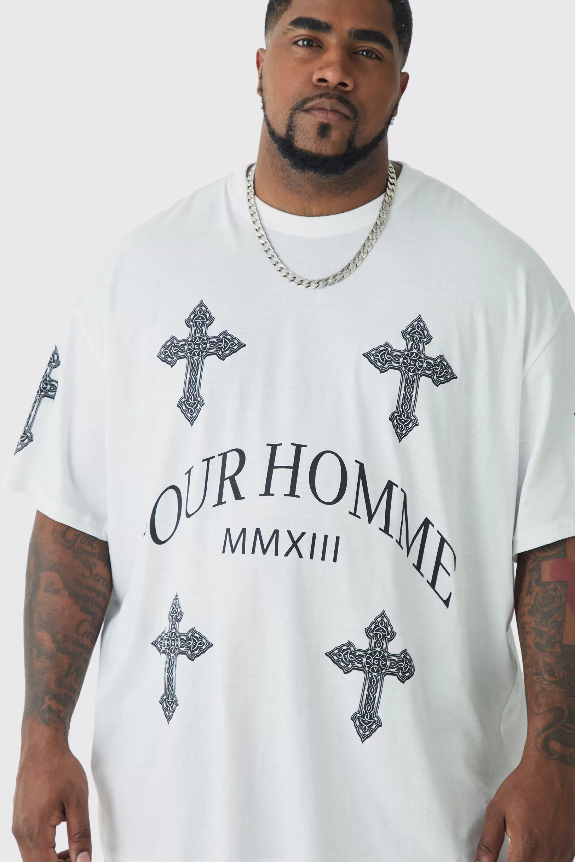 boohooMAN Plus Pour Homme Cross Printed T-shirt In | UK white Best Sale