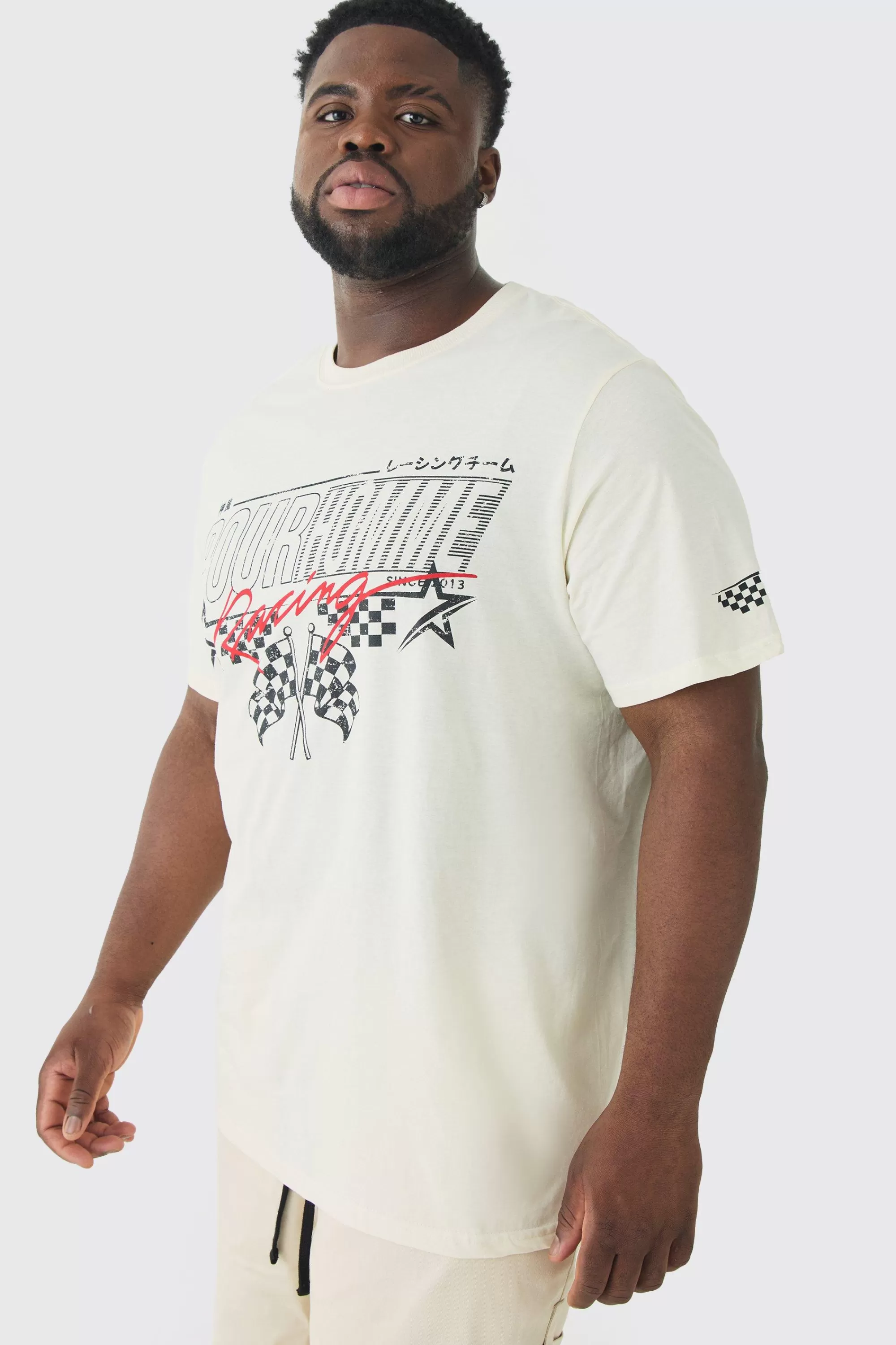 boohooMAN Plus Pour Homme Racing Print T-shirt | UK ecru Store