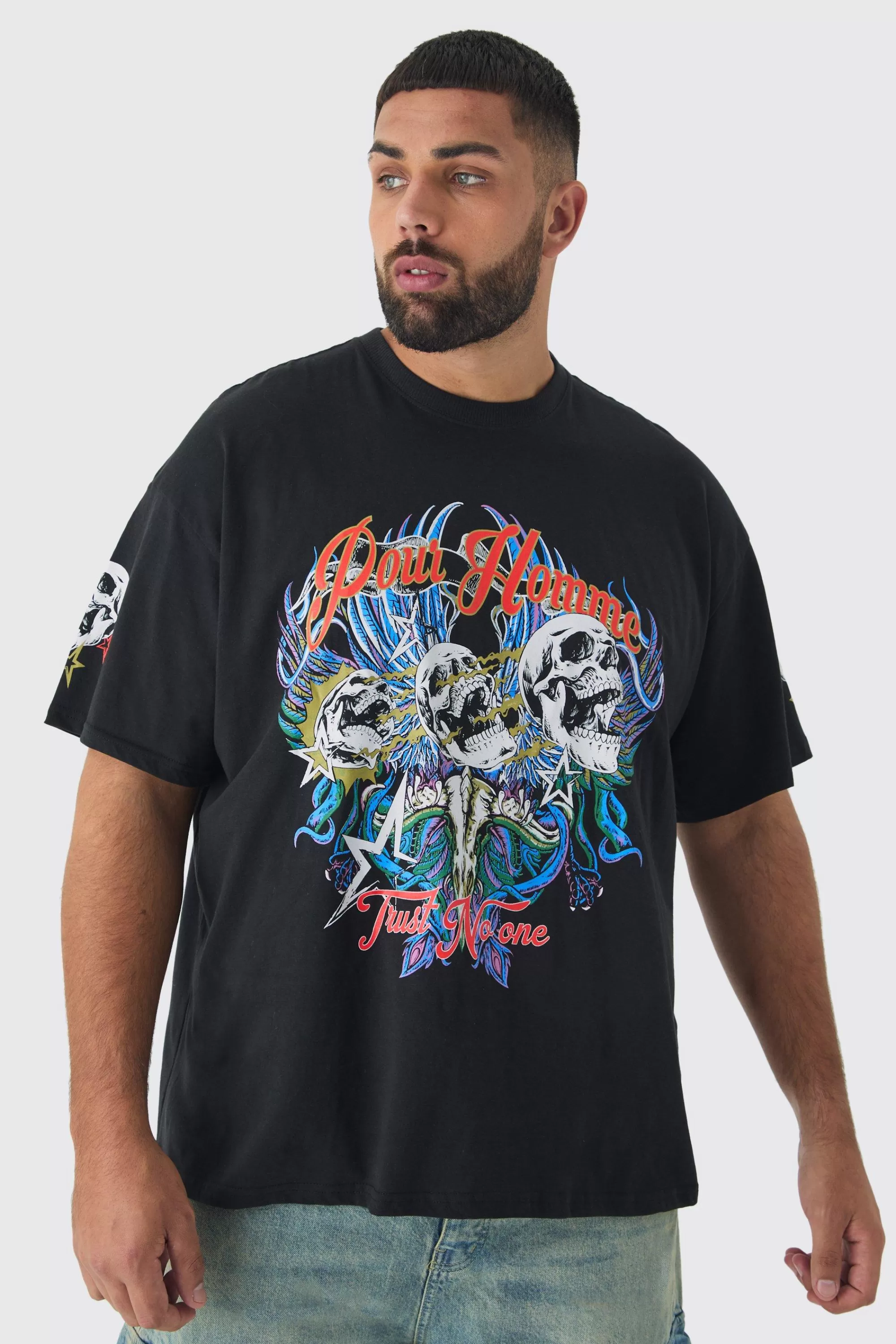 boohooMAN Plus Pour Homme Skull Print Oversized T-shirt In | UK black Outlet