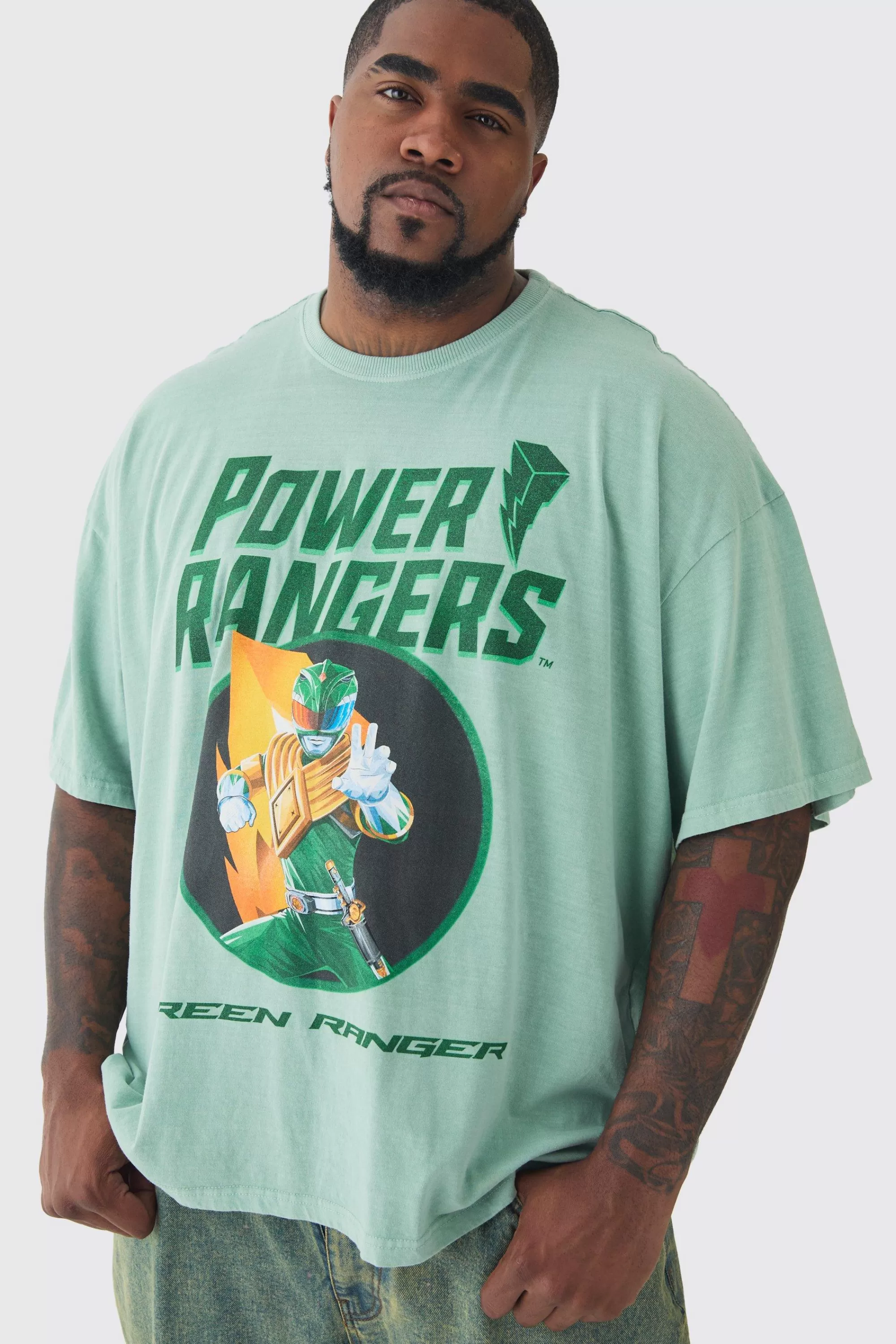 boohooMAN Plus Power Ranger License Print T-shirt In | UK green Cheap