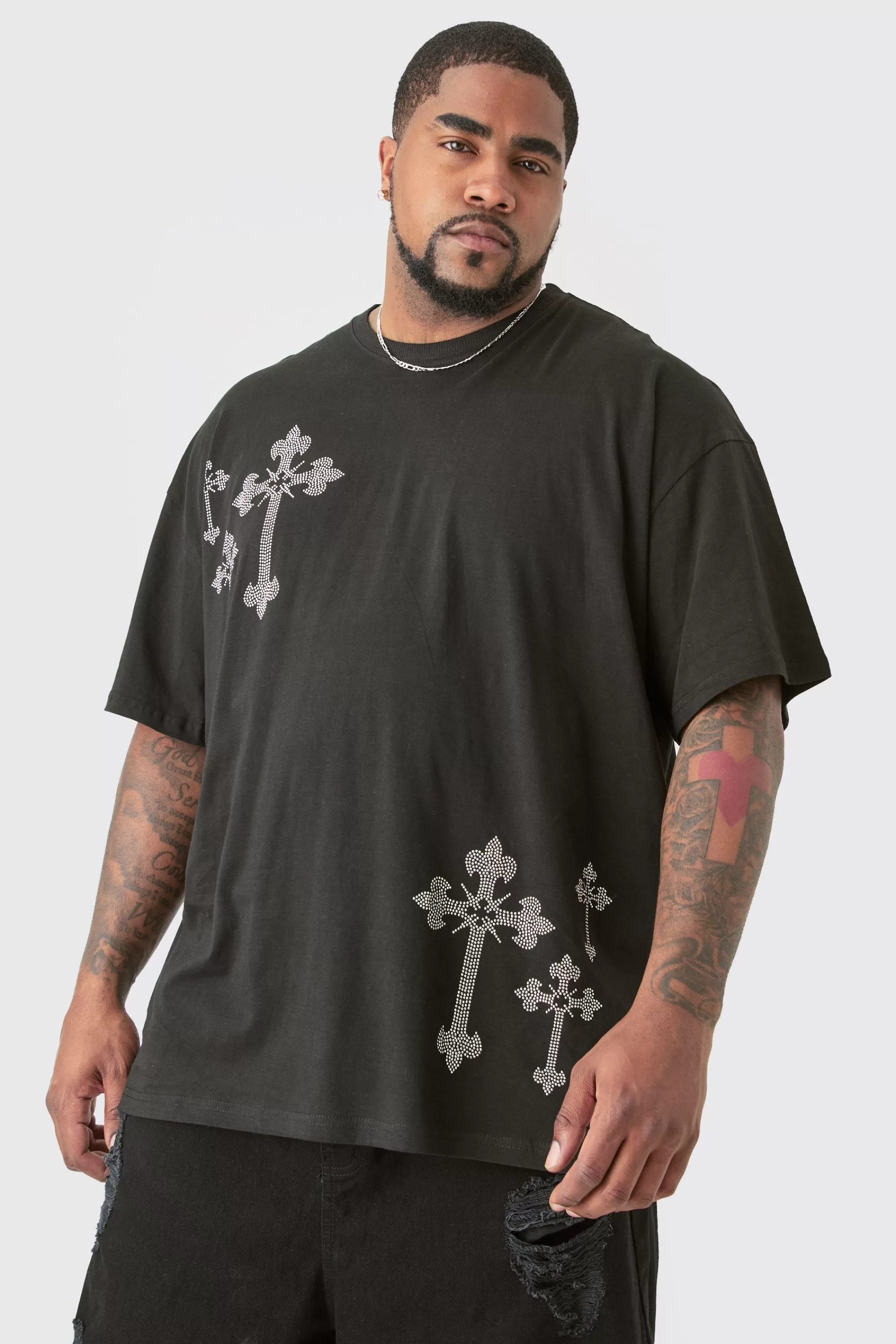 boohooMAN Plus Regular Fit Embellished Cross T-Shirt | UK black Best