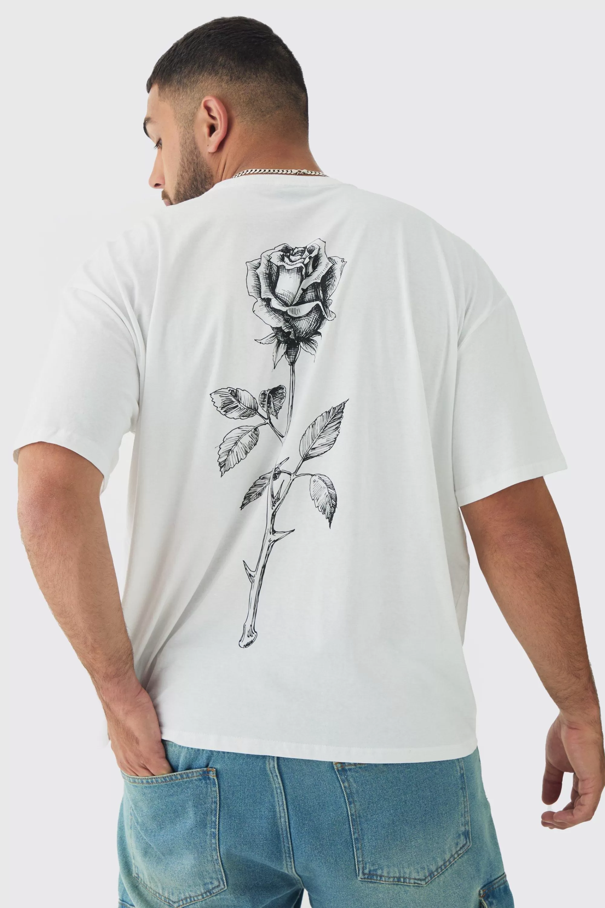 boohooMAN Plus Rose Back Printed Oversized T-Shirt | UK white Fashion
