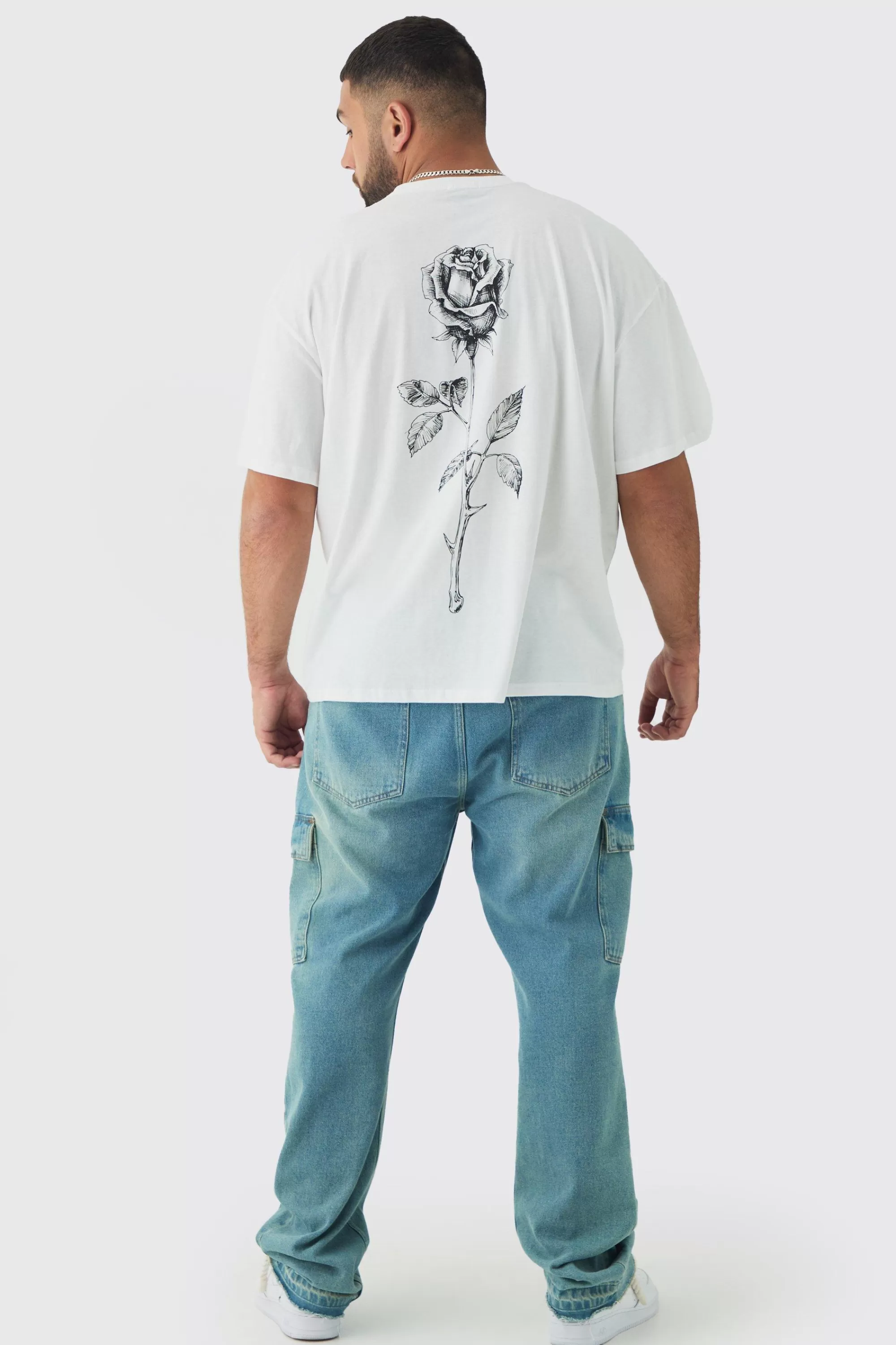 boohooMAN Plus Rose Back Printed Oversized T-Shirt | UK white Fashion