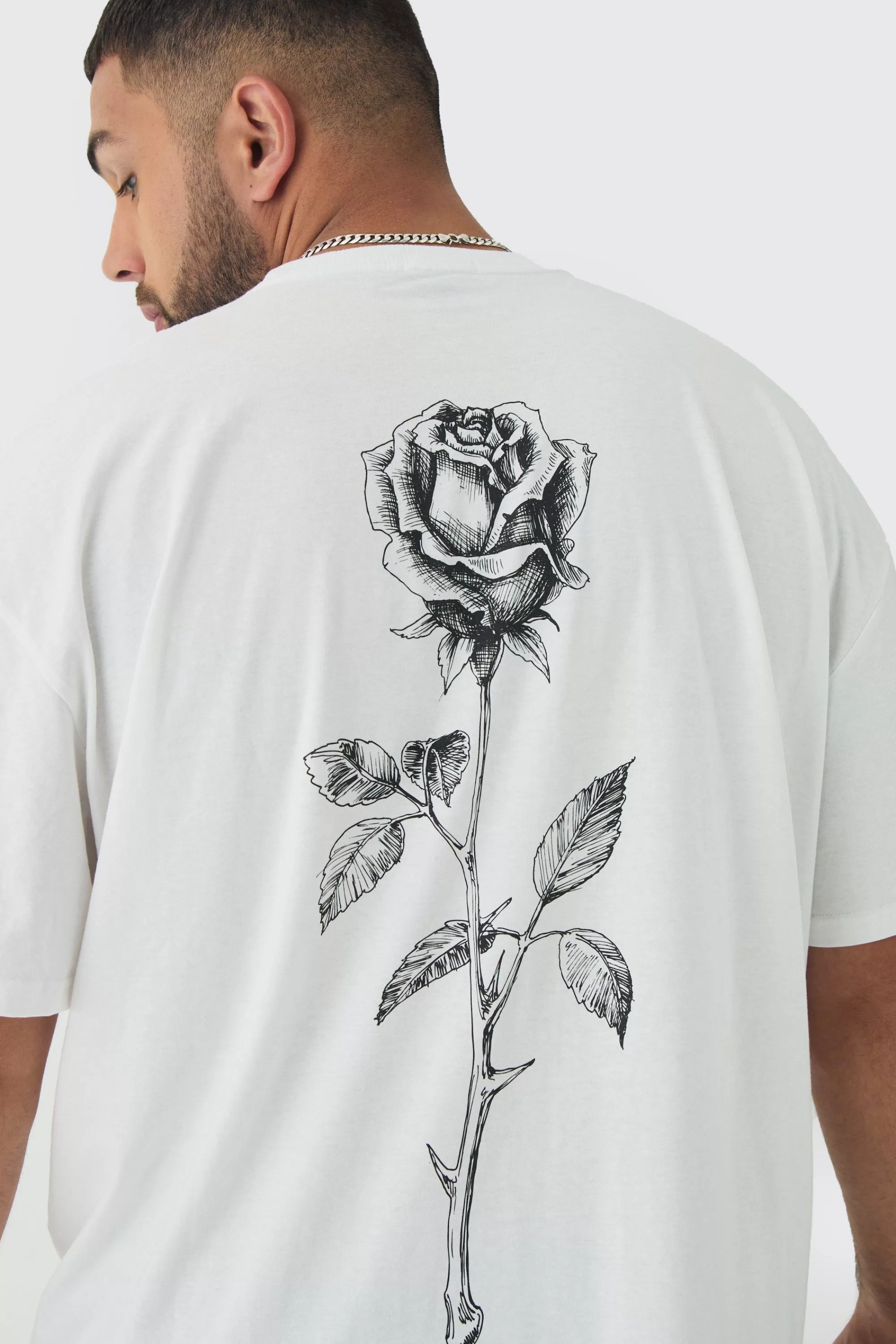 boohooMAN Plus Rose Back Printed Oversized T-Shirt | UK white Fashion