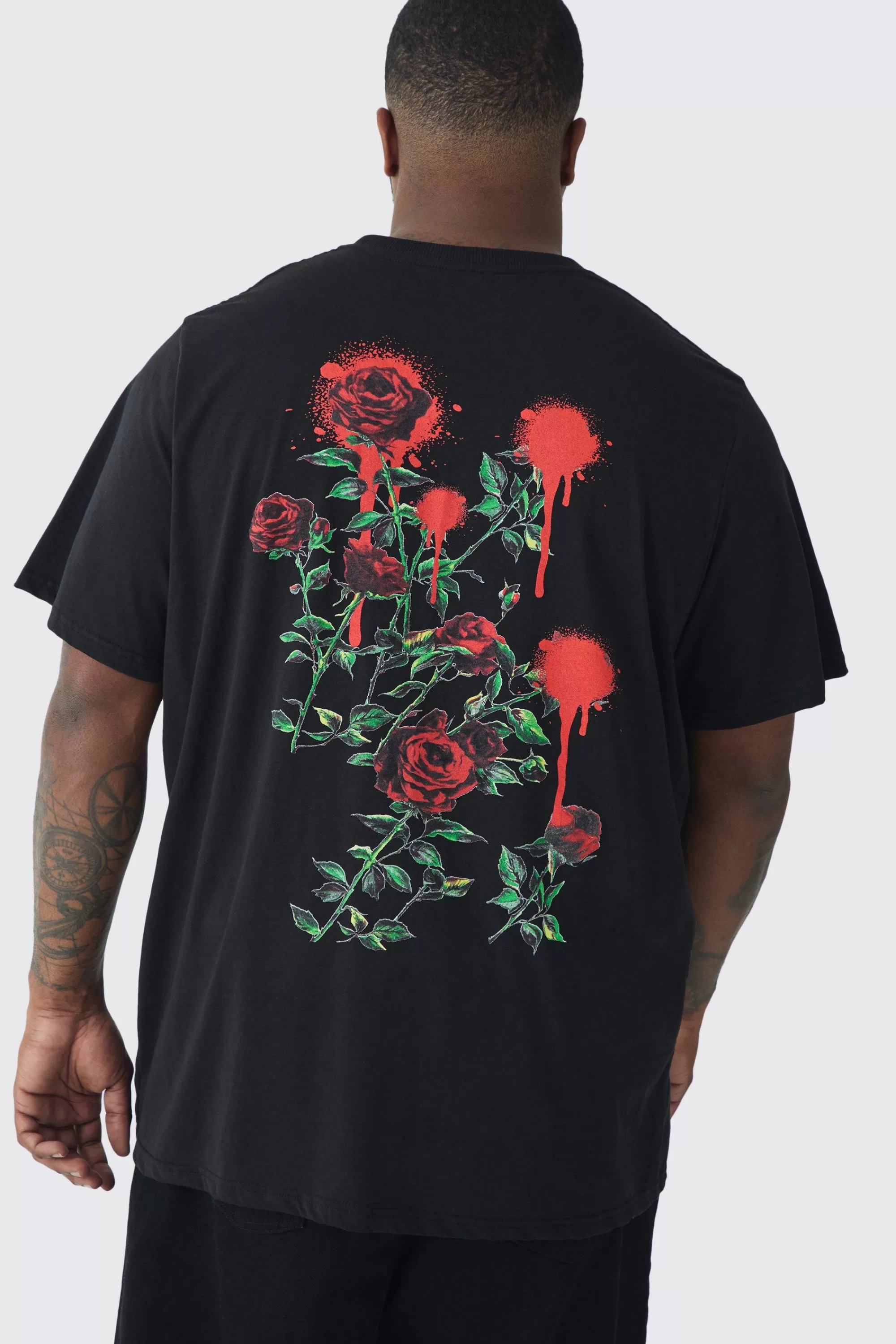 boohooMAN Plus Rose Floral Back Print T-shirt | UK black Sale