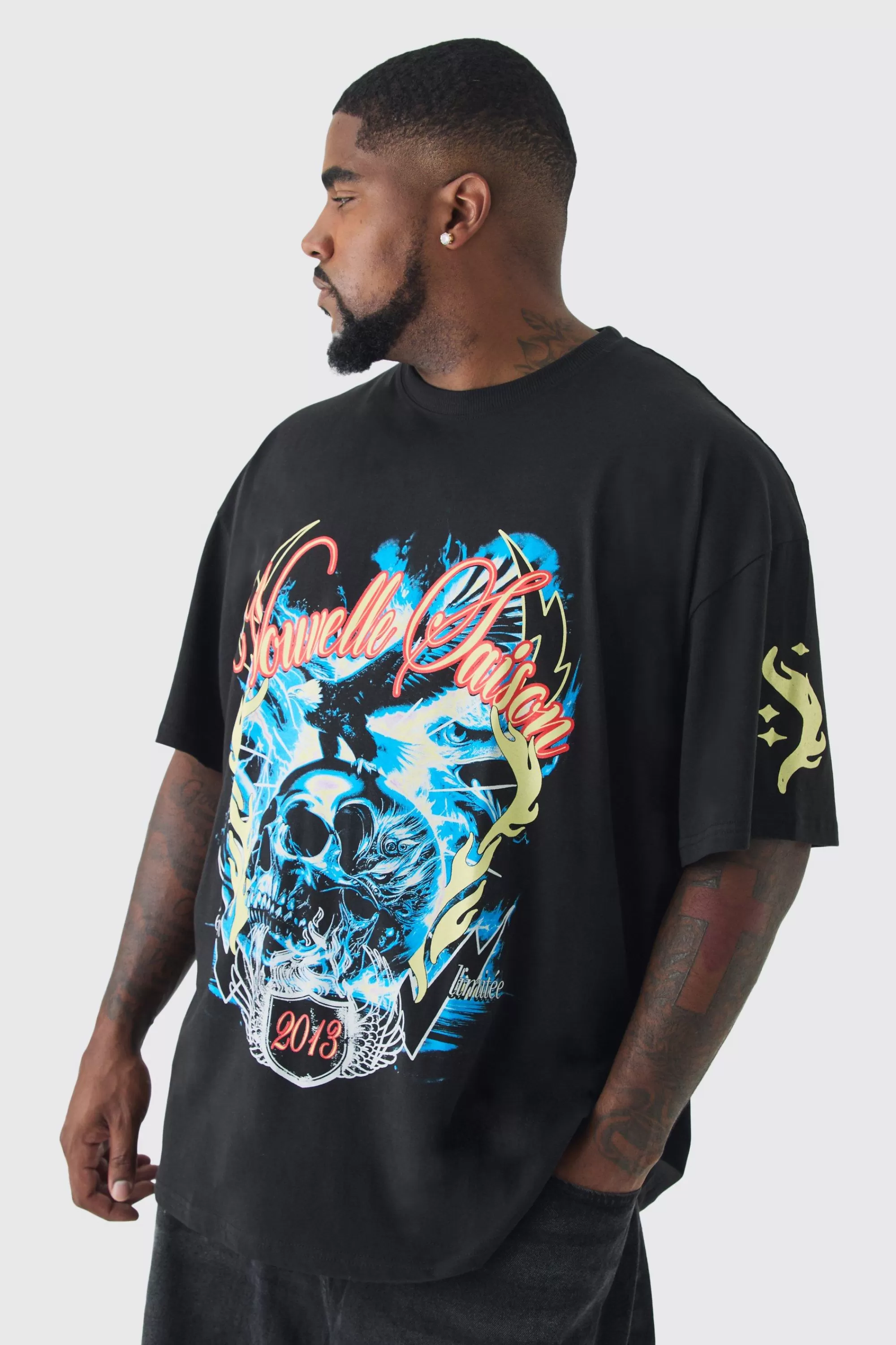 boohooMAN Plus Skull Flame Print Oversized T-shirt In | UK black Online