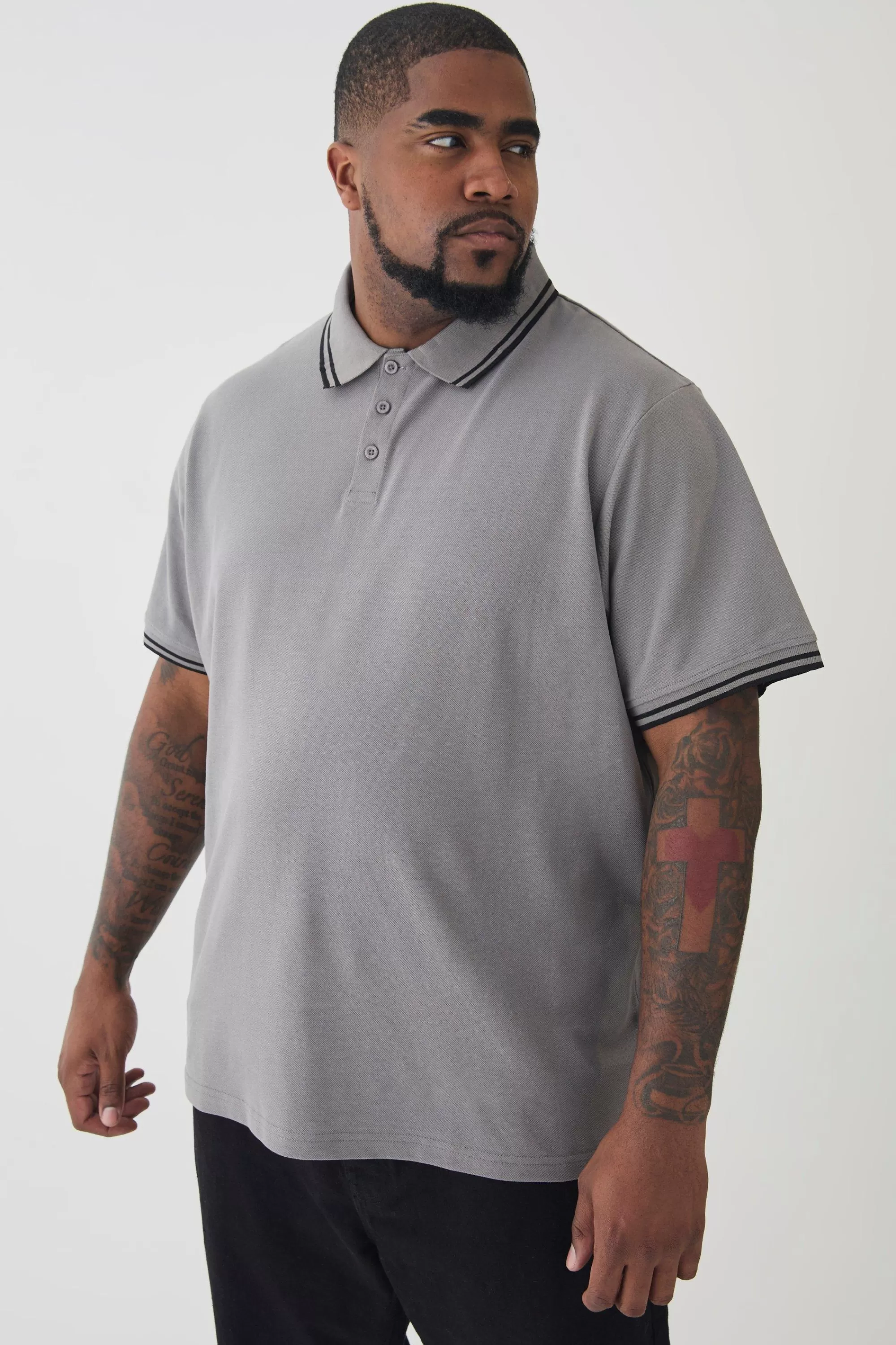 boohooMAN Plus Slim Tipped Pique Polo In Slate | UK grey Discount