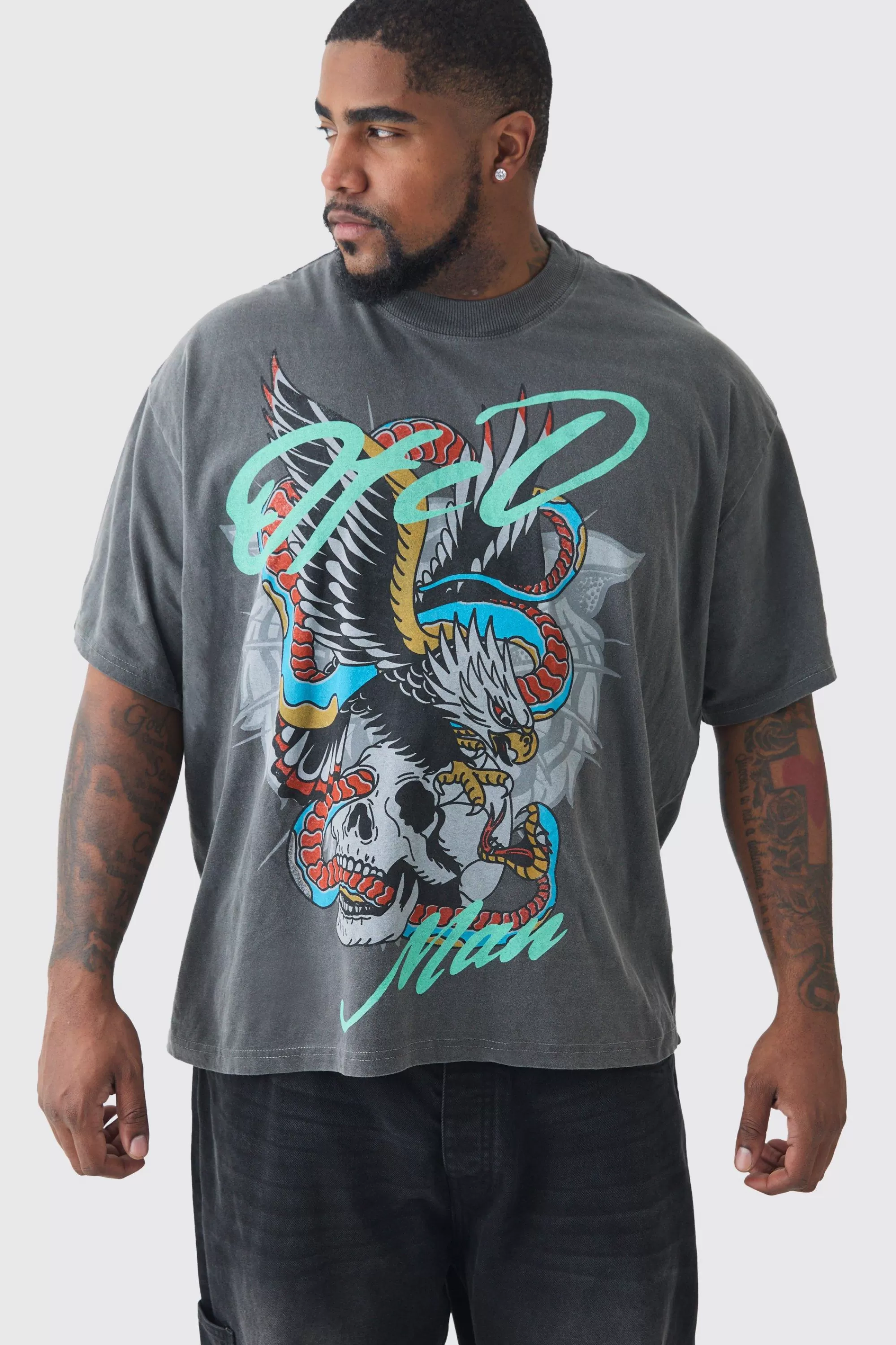 boohooMAN Plus Snake Ofcl Printed T-shirt In | UK grey Best Sale
