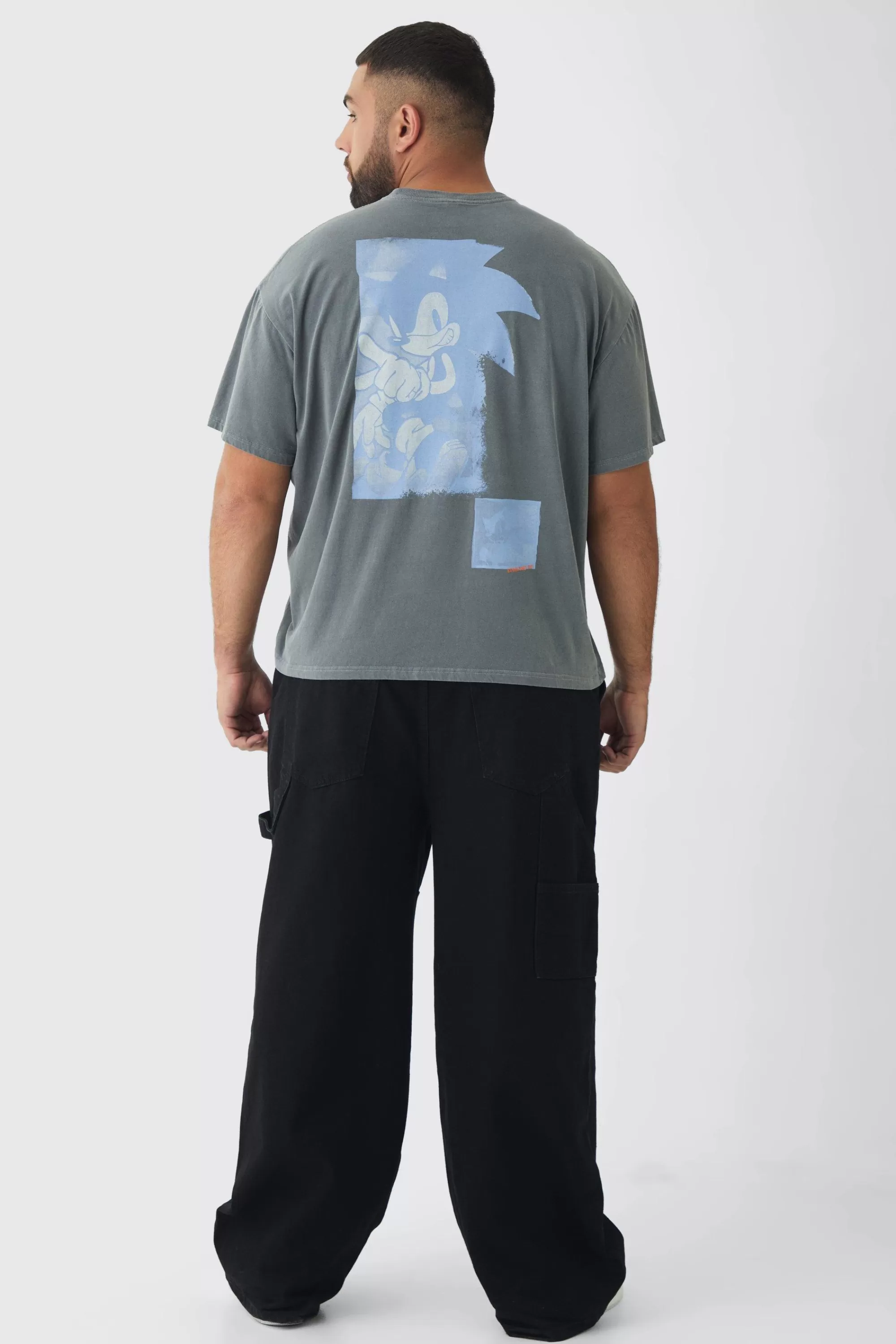 boohooMAN Plus Sonic Licence Washed T-shirt In Grey | UK white Flash Sale