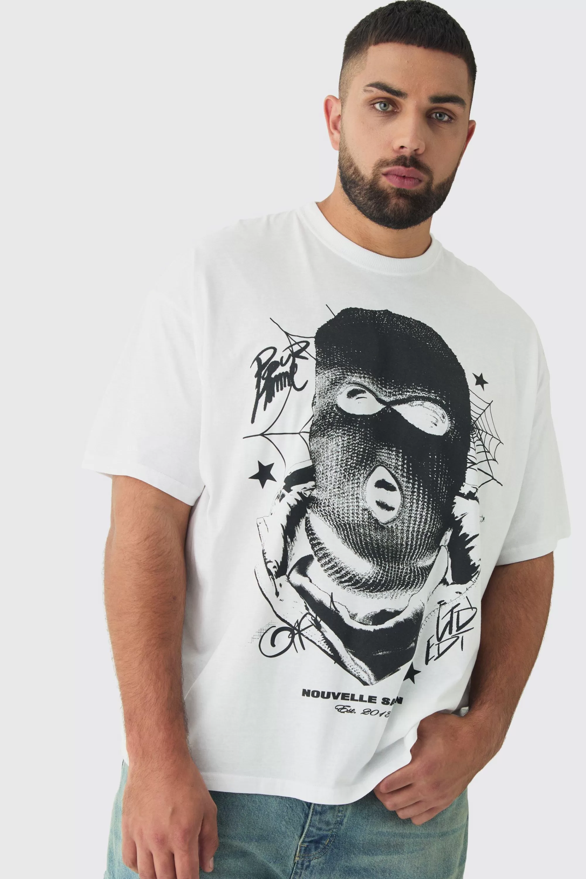 boohooMAN Plus Spiderweb Balaclava Graphic T-Shirt | UK white Sale