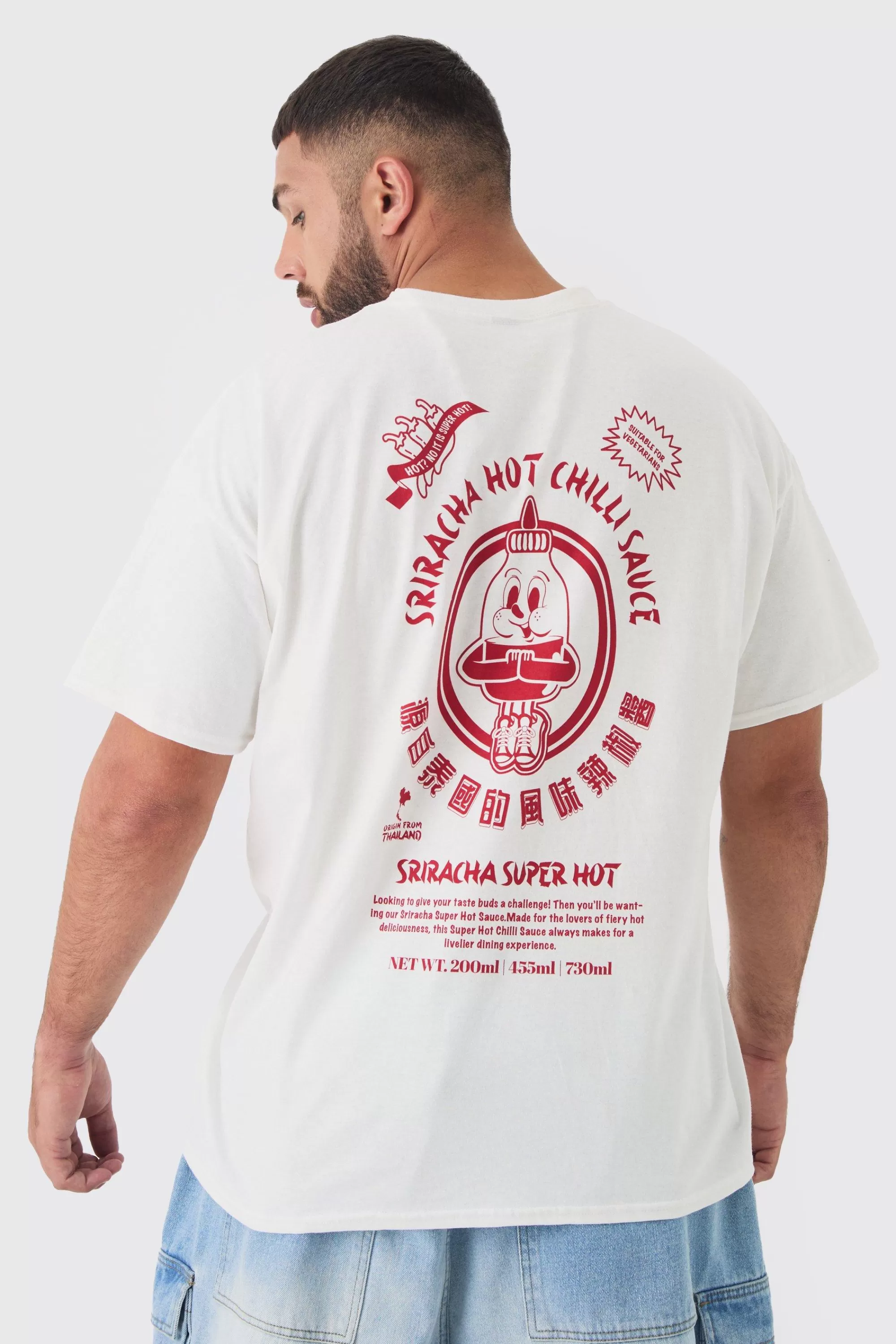 boohooMAN Plus Sriracha Hot Chilli Sauce License Back Print T-shirt In | UK white Cheap