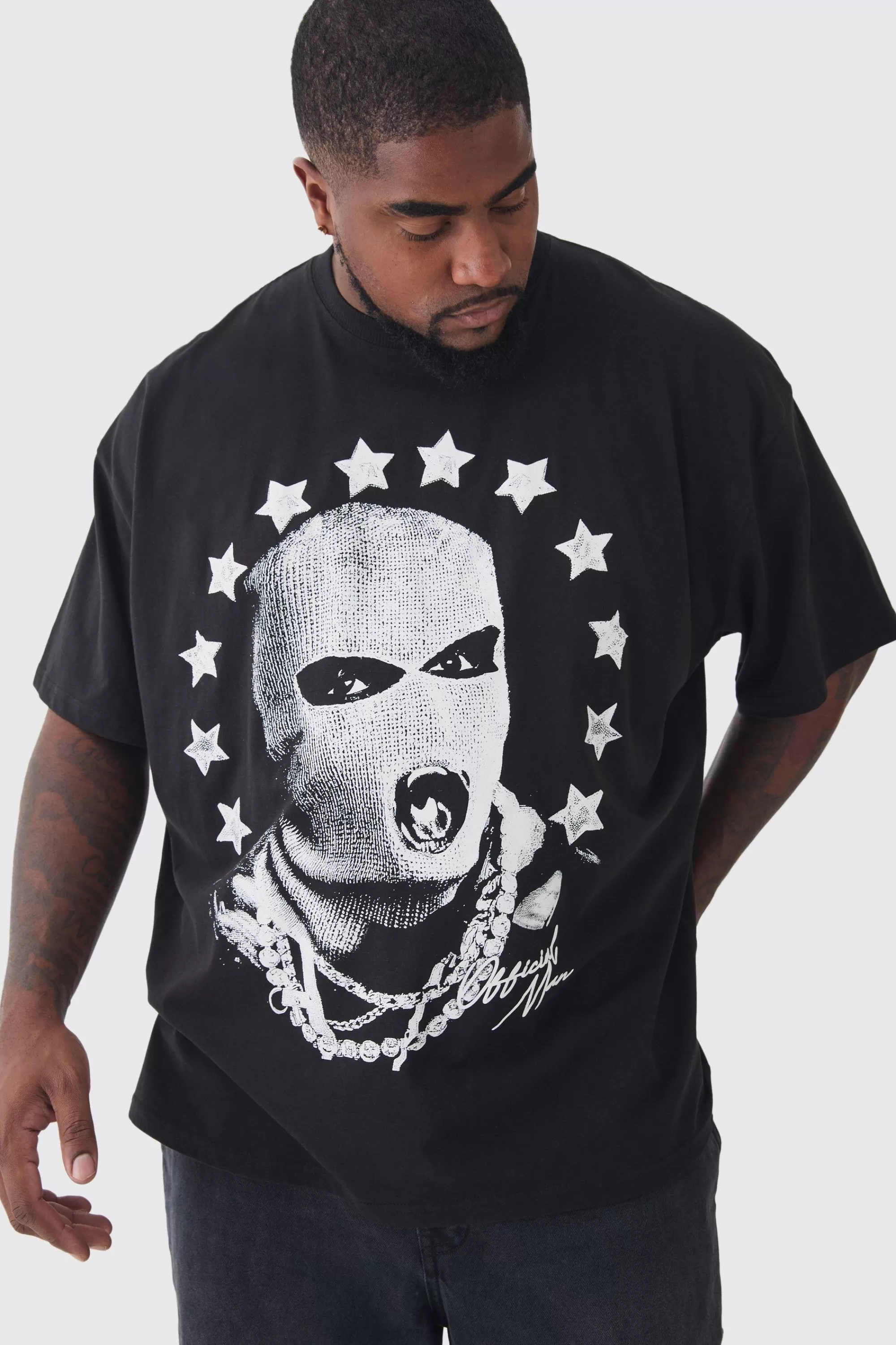 boohooMAN Plus Star Balaclava Graphic Oversized T-Shirt | UK black Clearance