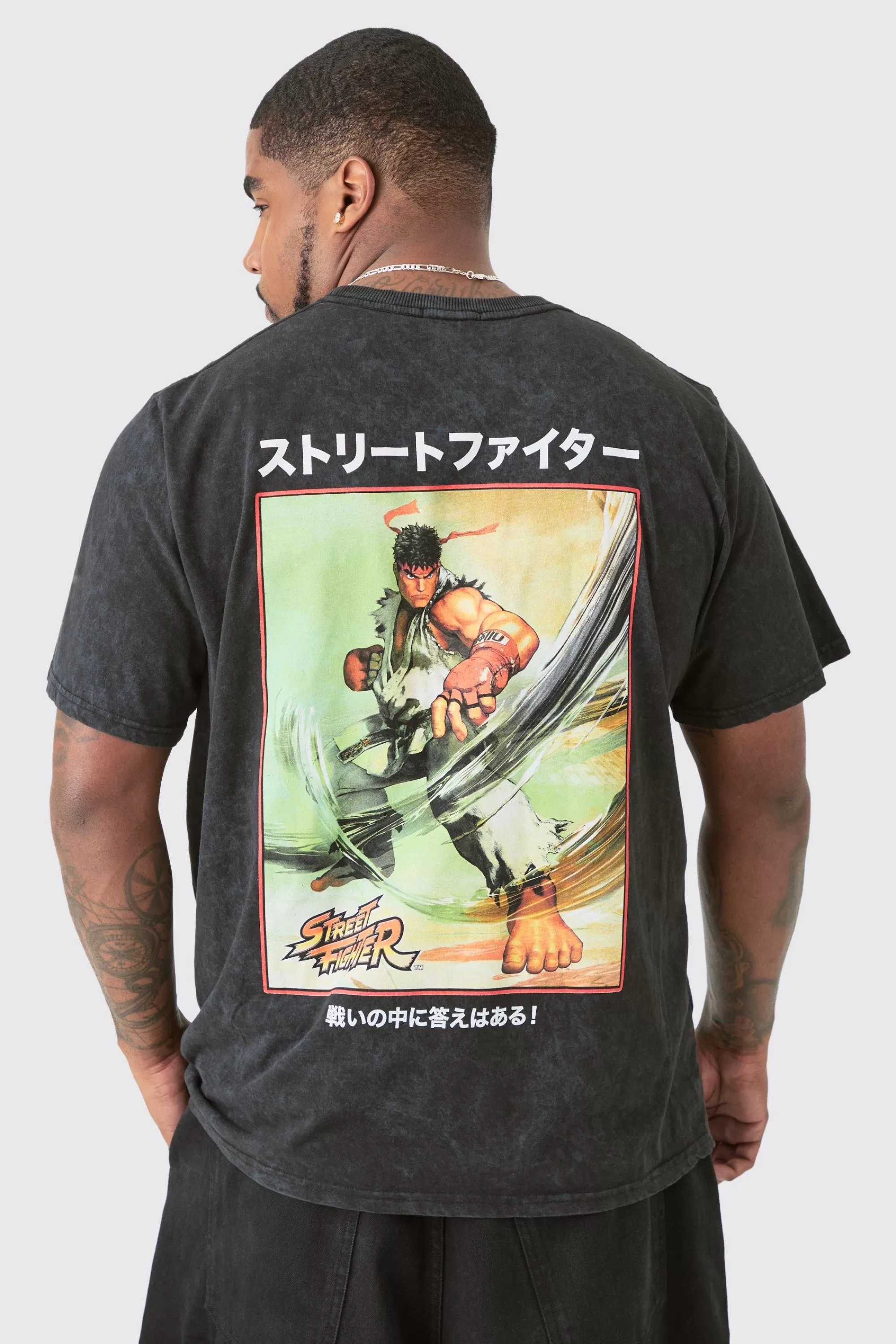 boohooMAN Plus Street Fighter License Back Printed T-Shirt | UK black Clearance
