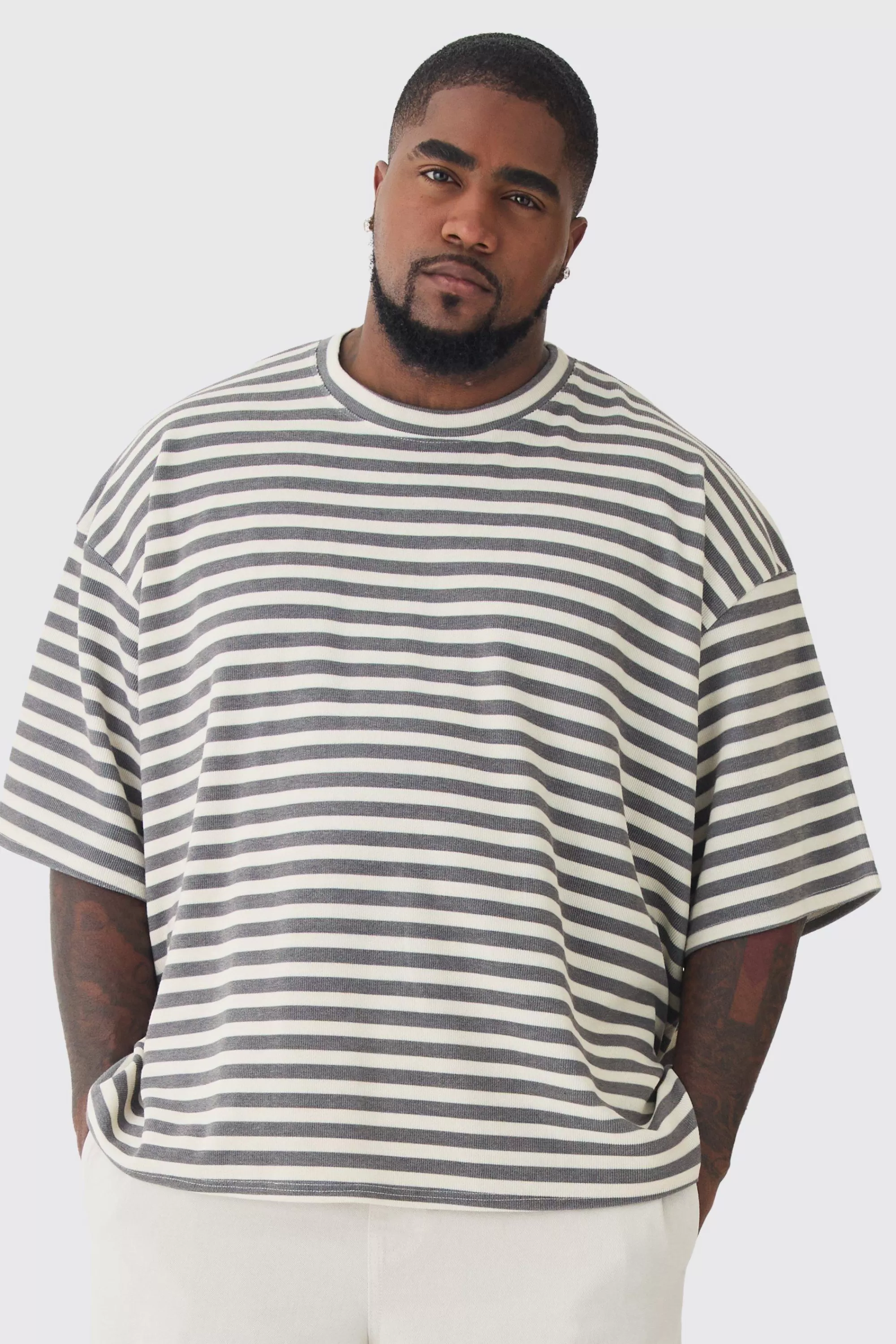 boohooMAN Plus Stripe Compact Rib Boxy Oversized T-Shirt | UK white Flash Sale