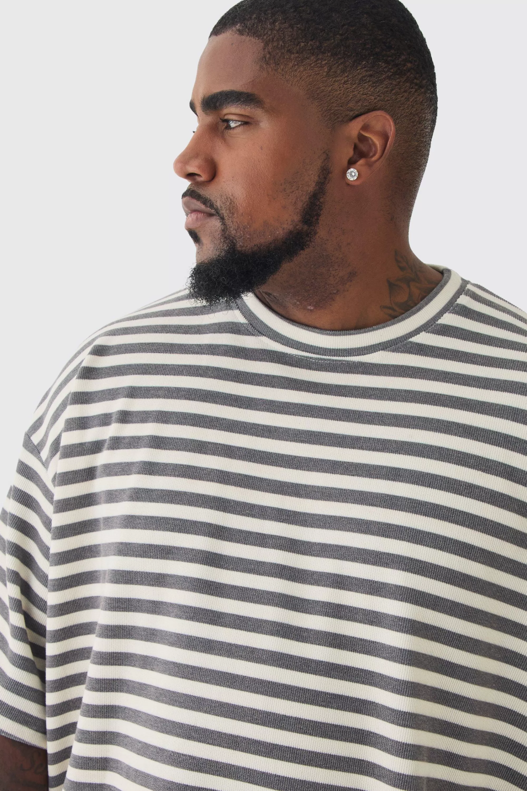 boohooMAN Plus Stripe Compact Rib Boxy Oversized T-Shirt | UK white Flash Sale