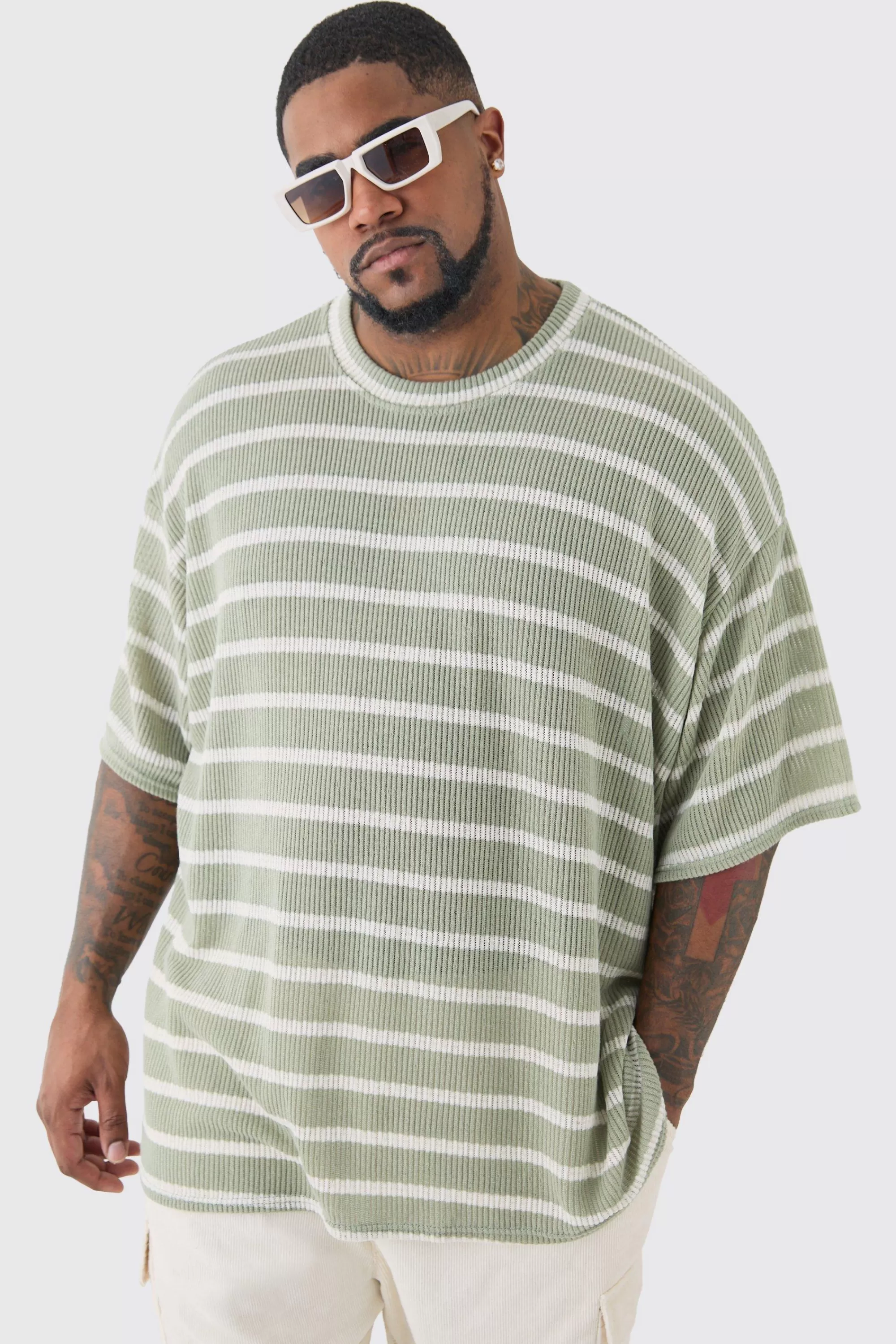 boohooMAN Plus Stripe Knit Relaxed T-shirt | UK sage Fashion