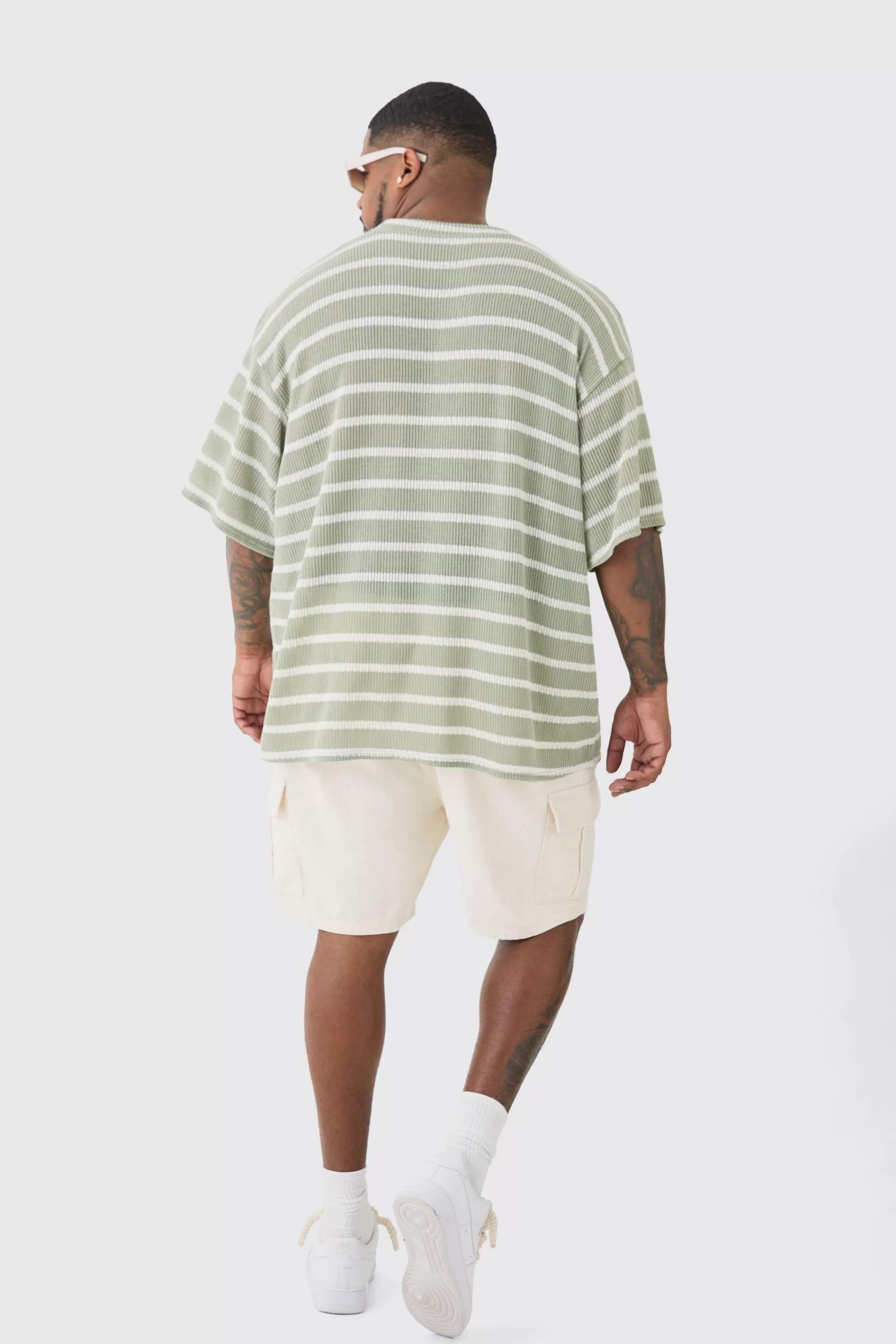 boohooMAN Plus Stripe Knit Relaxed T-shirt | UK sage Fashion