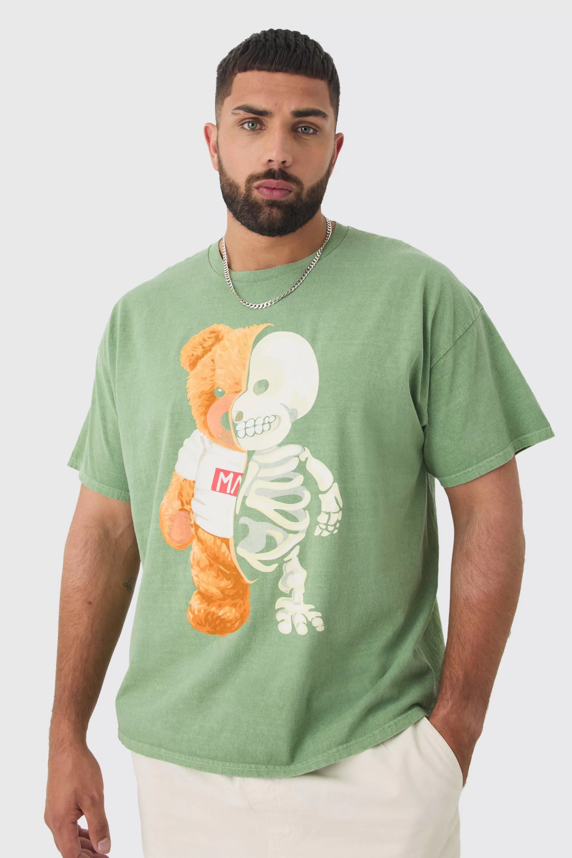 boohooMAN Plus Teddy Skeleton Graphic T-shirt | UK khaki New