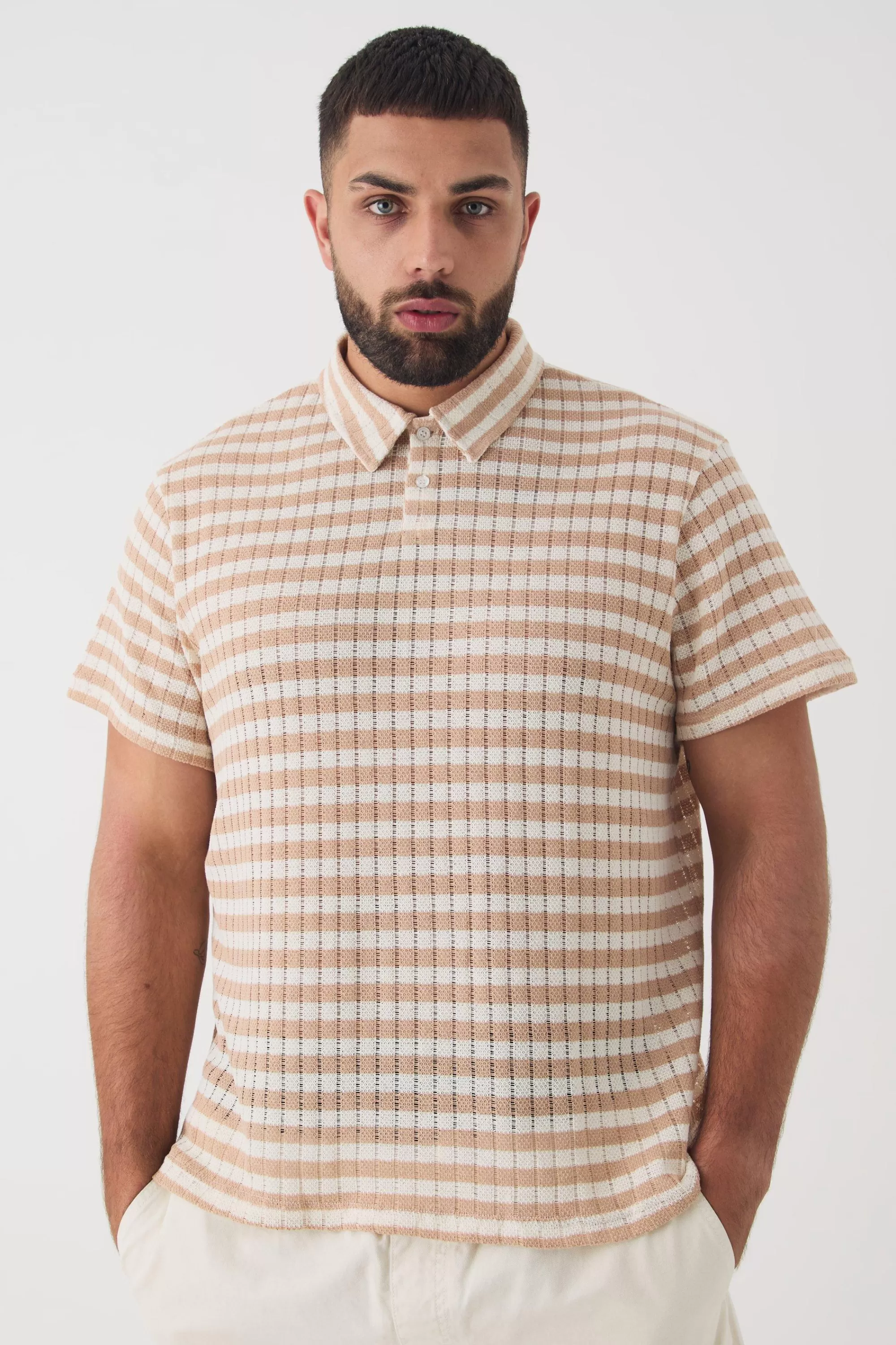 boohooMAN Plus Textured Stripe Polo | UK tan Sale