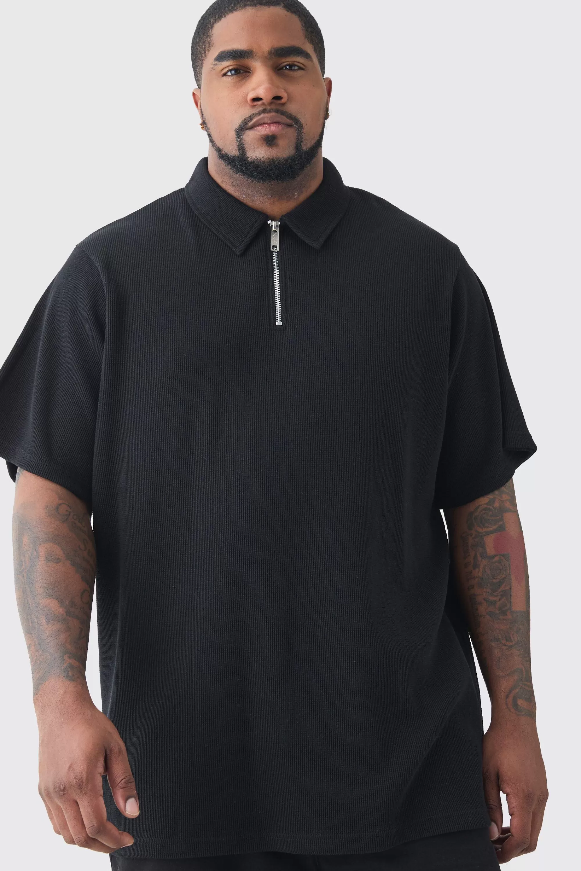 boohooMAN Plus Waffle Polo | UK black New