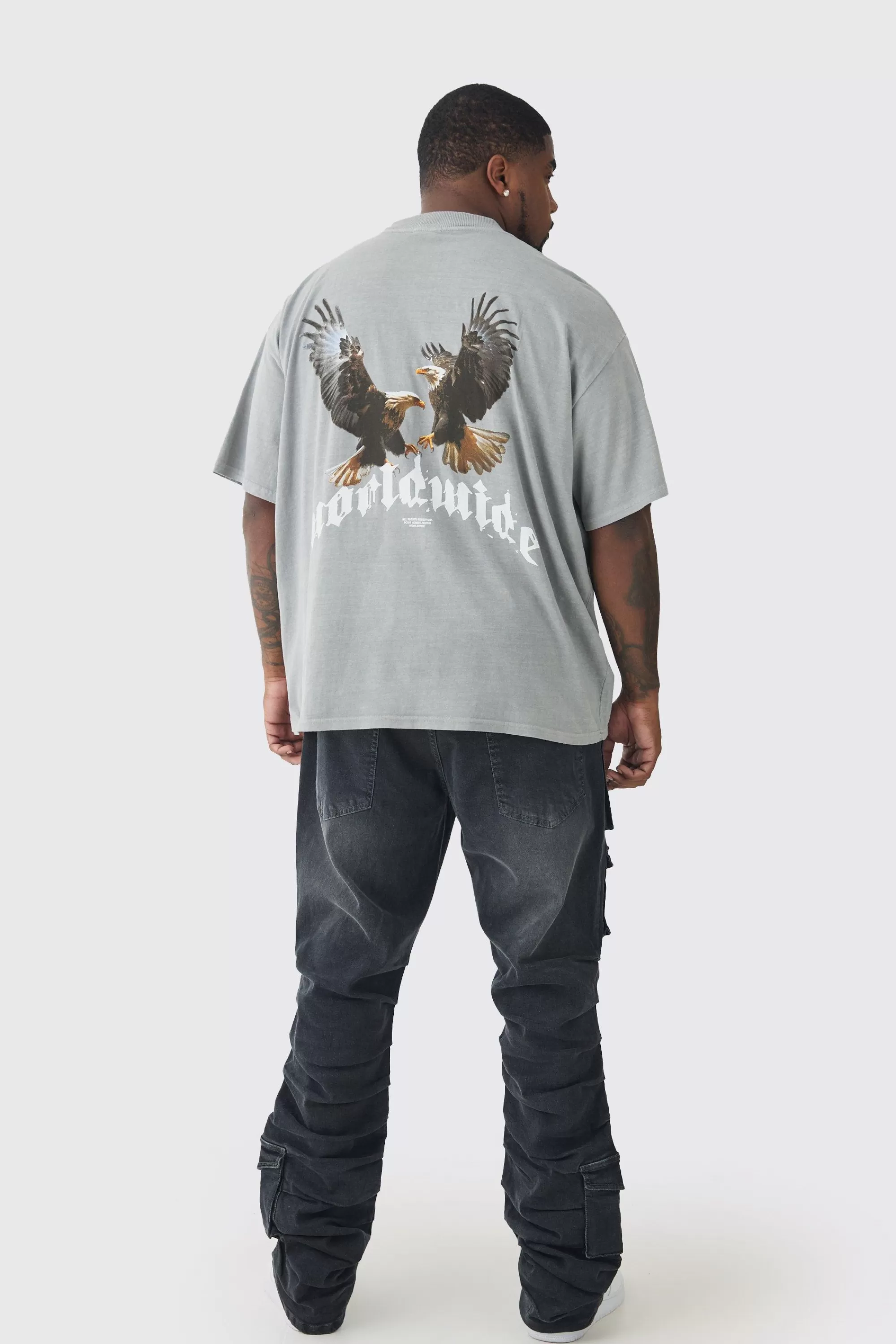 boohooMAN Plus Washed Oversized Extended Neck Eagle Graphic T-shirt | UK charcoal Store