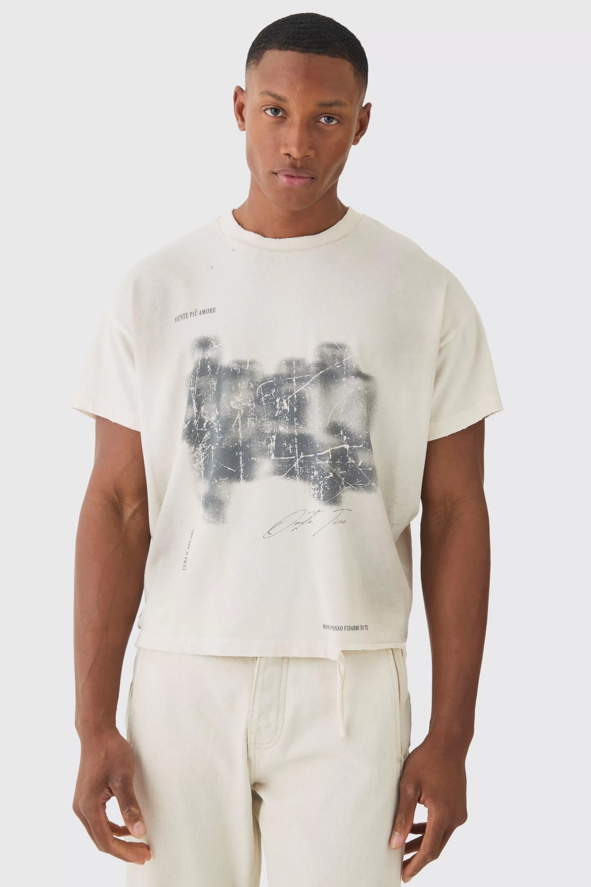 boohooMAN Premium Oversized Cropped Baby Washed & Printed T-shirt | UK stone Store