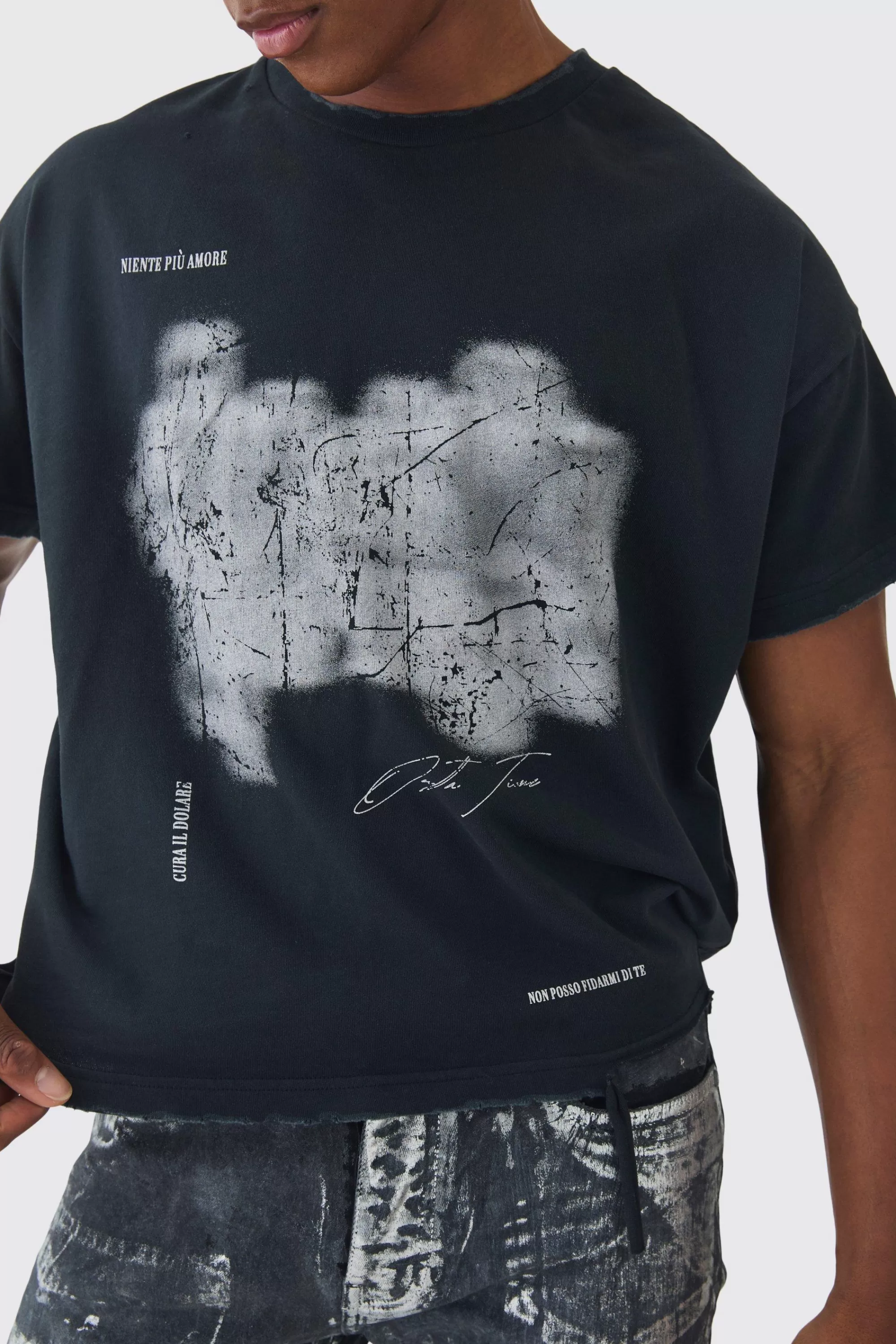 boohooMAN Premium Oversized Cropped Baby Washed & Printed T-shirt | UK black Sale