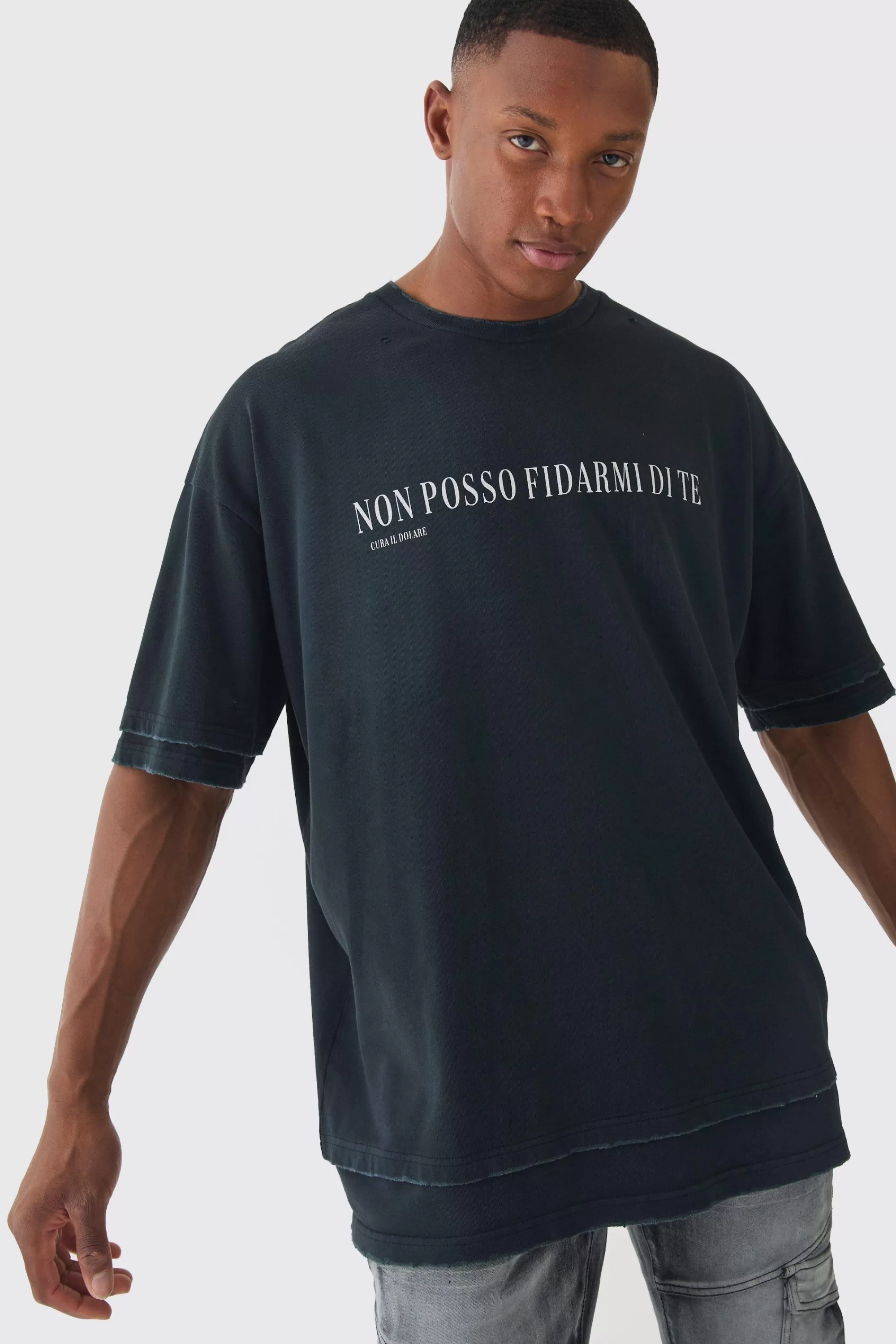 boohooMAN Premium Oversized Faux Layer Washed & Embroidered T-shirt | UK black Cheap