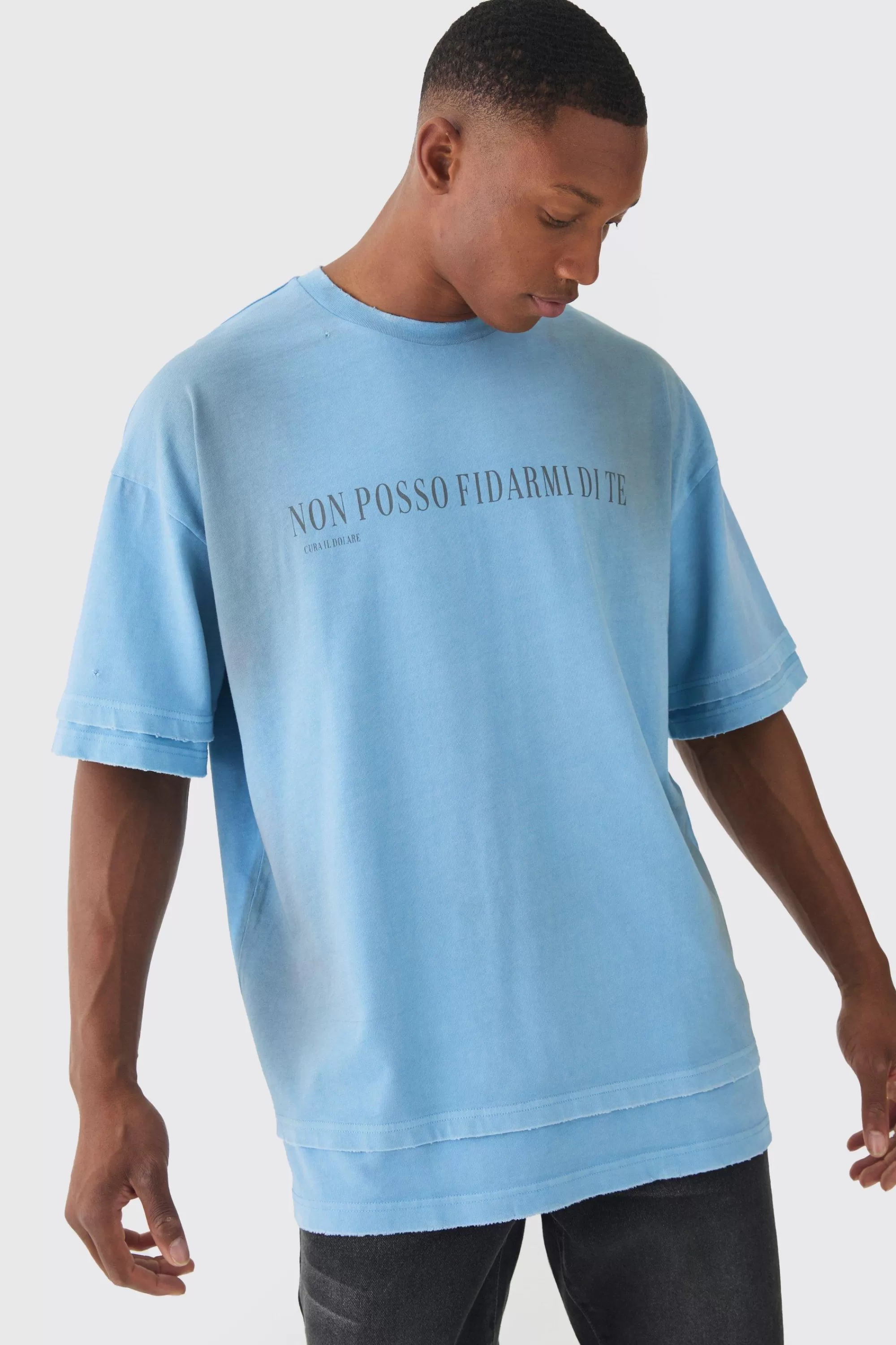 boohooMAN Premium Oversized Faux Layer Washed & Embroidered T-shirt | UK dusty blue Flash Sale