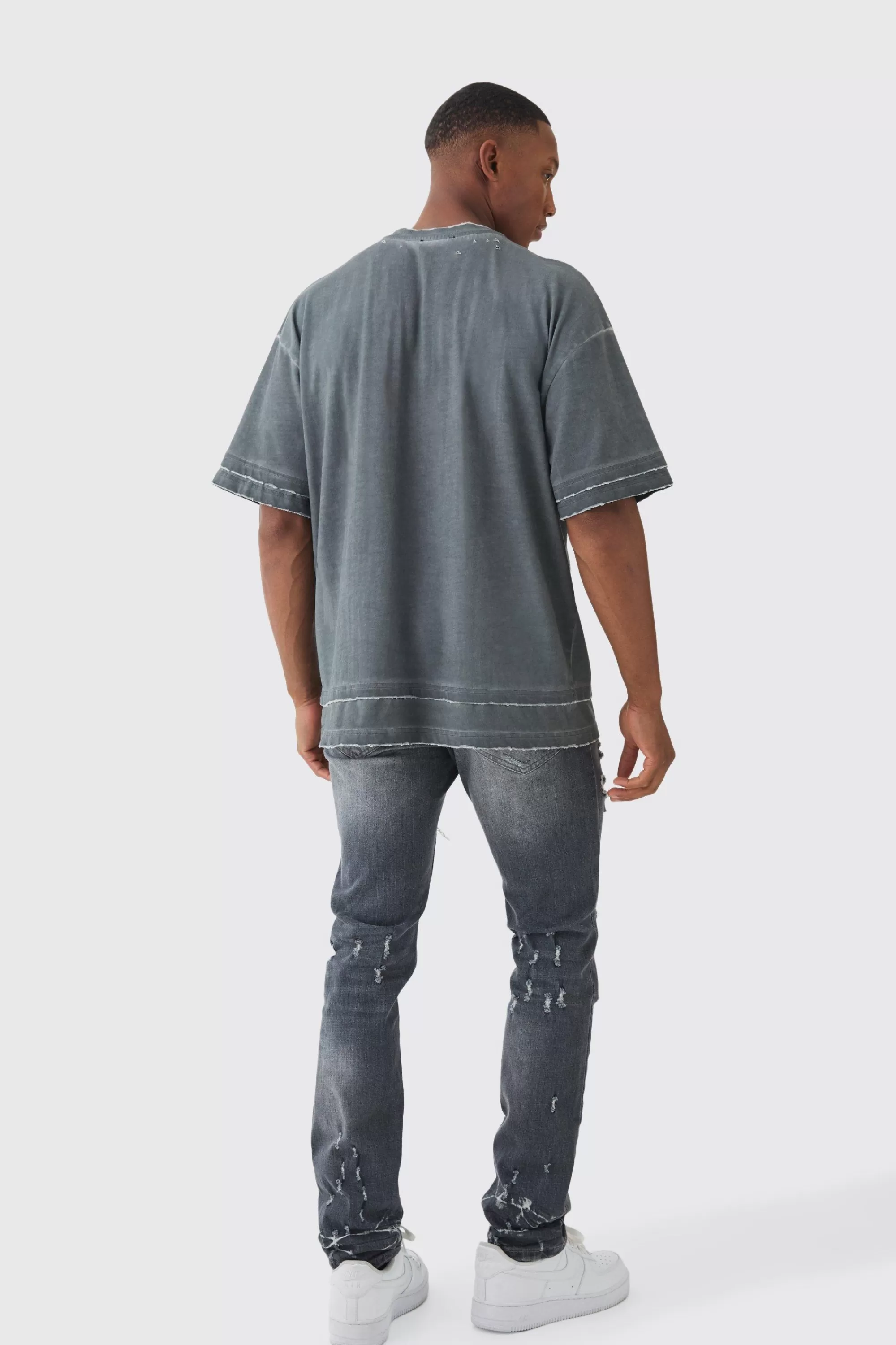 boohooMAN Premium Oversized Faux Layer Washed & Printed T-shirt | UK charcoal Clearance