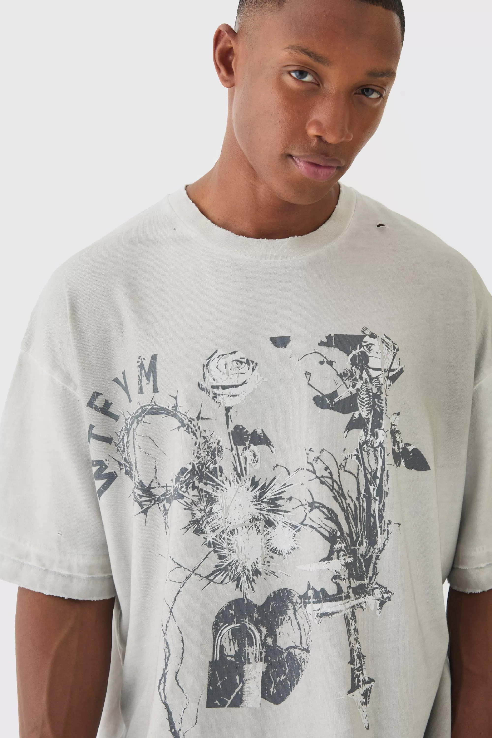 boohooMAN Premium Oversized Faux Layer Washed & Printed T-shirt | UK stone Online