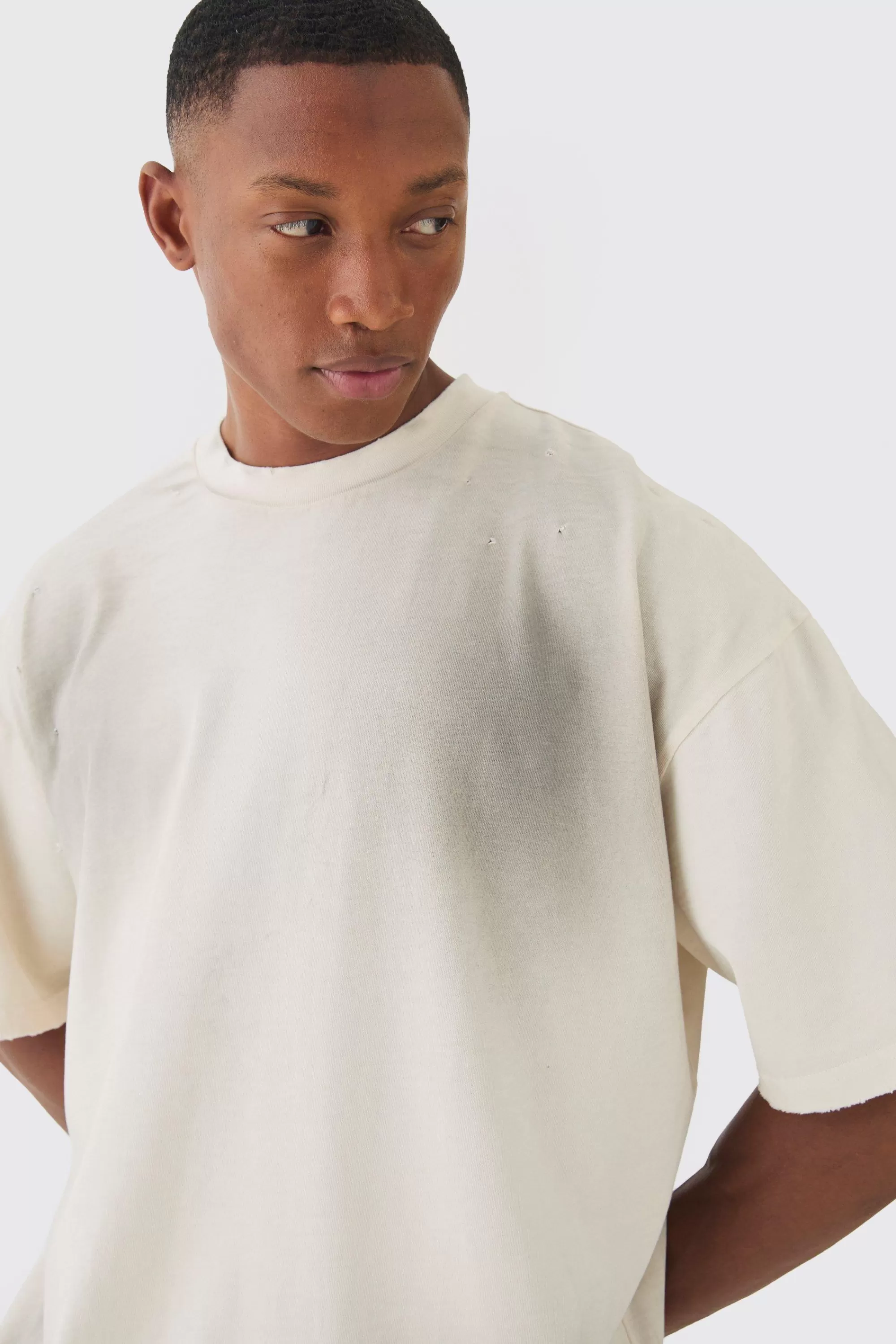 boohooMAN Premium Oversized Top Stitched & Washed T-shirt | UK stone Hot