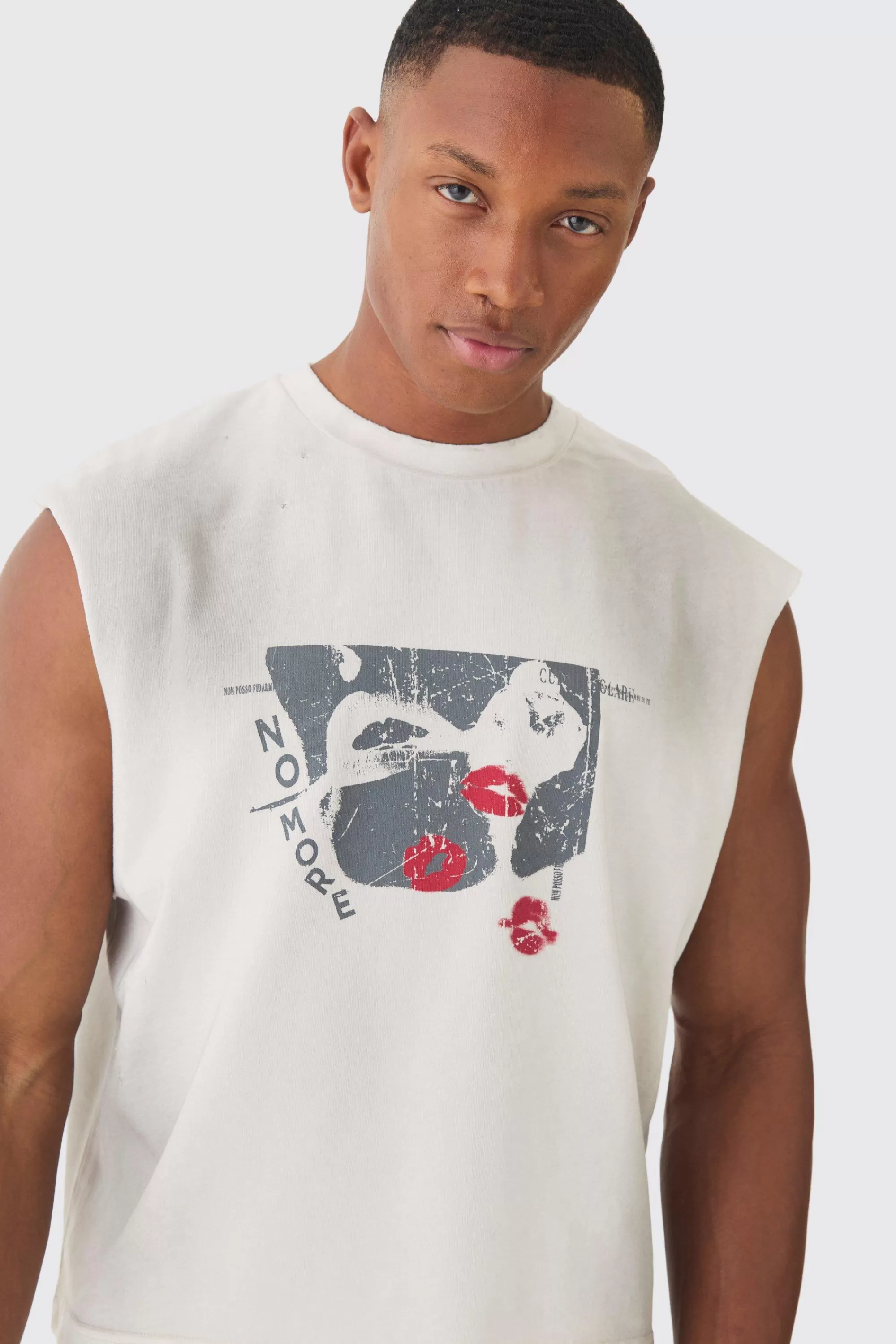 boohooMAN Premium Oversized Washed & Printed Boxy Tank | UK stone Sale
