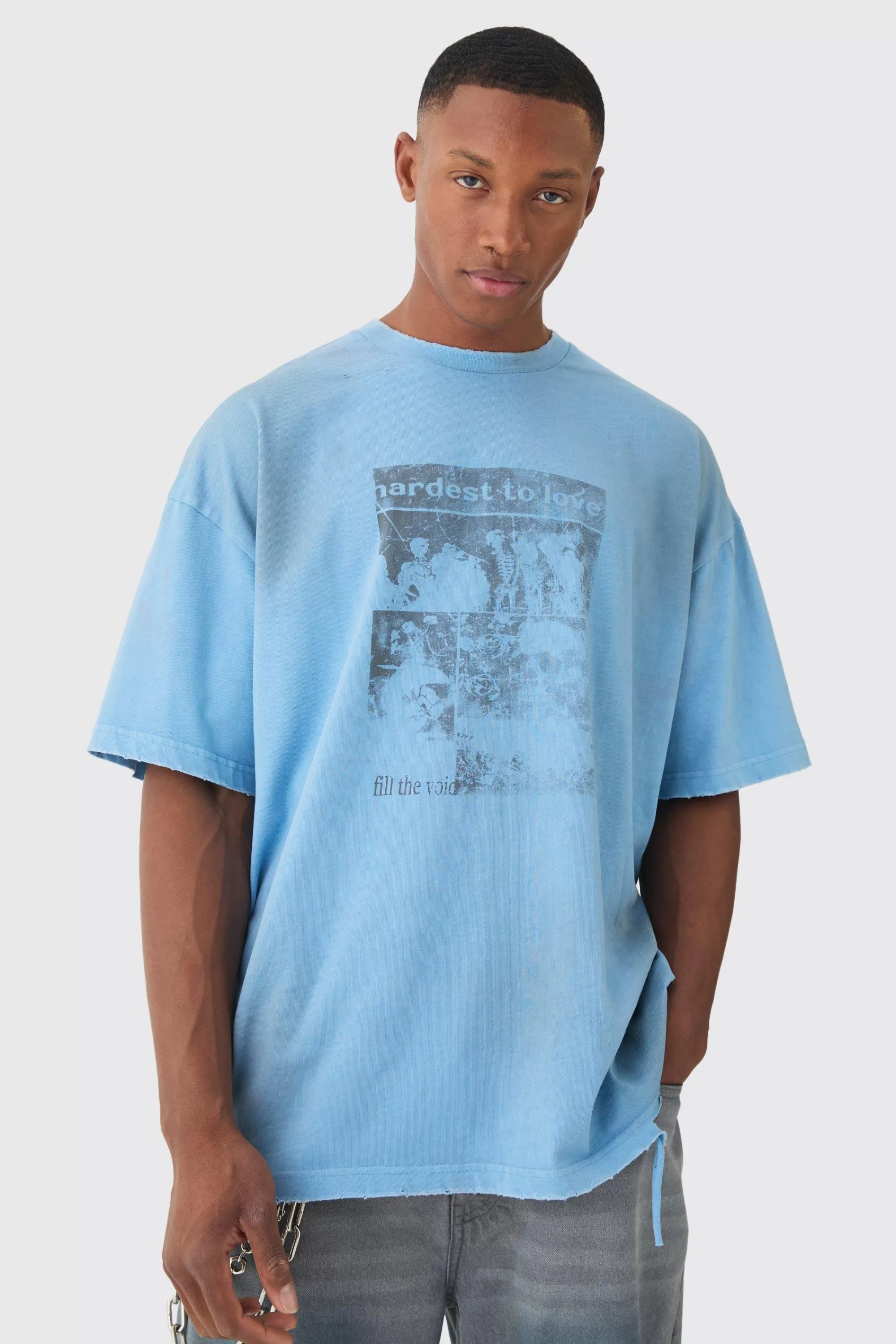 boohooMAN Premium Oversized Washed & Printed T-shirt | UK dusty blue Outlet