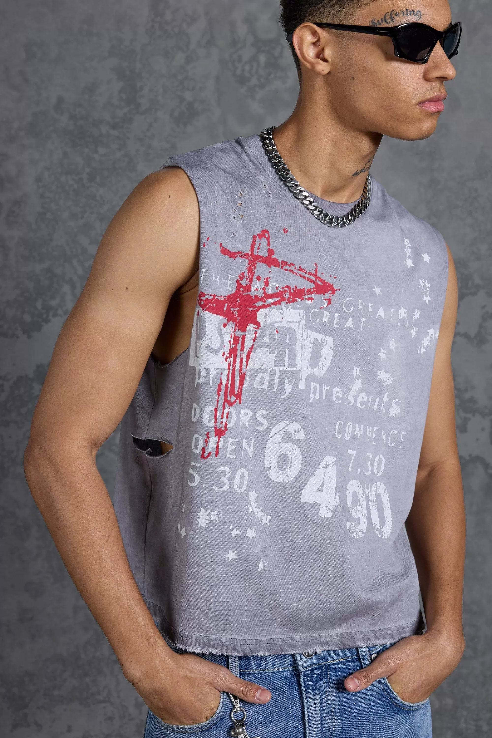 boohooMAN P-Star Oversized Boxy Tank Top With Graffiti Print | UK grey Cheap