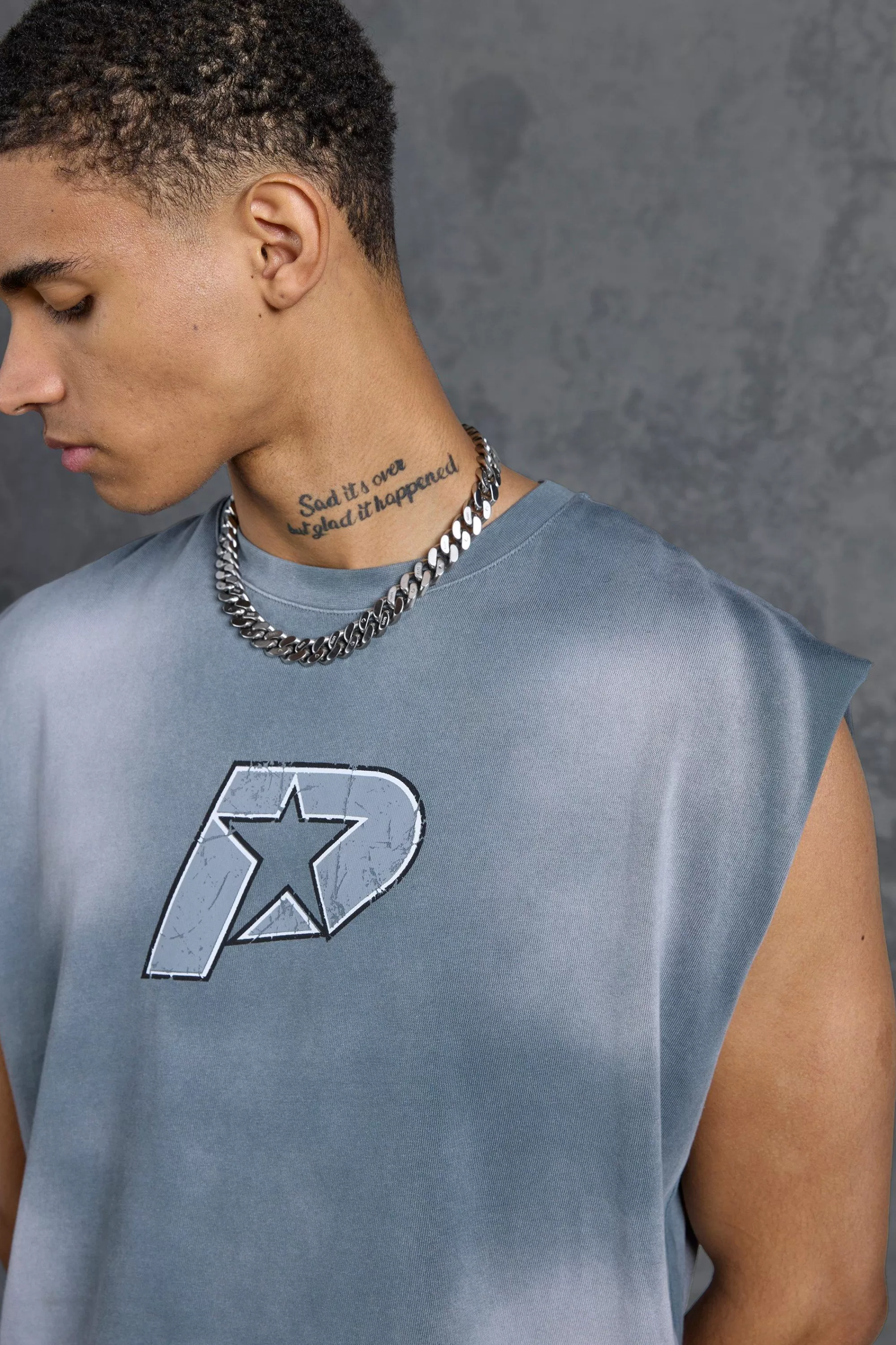 boohooMAN P-Star Oversized Cropped Tank Top With Chest Print | UK grey Cheap