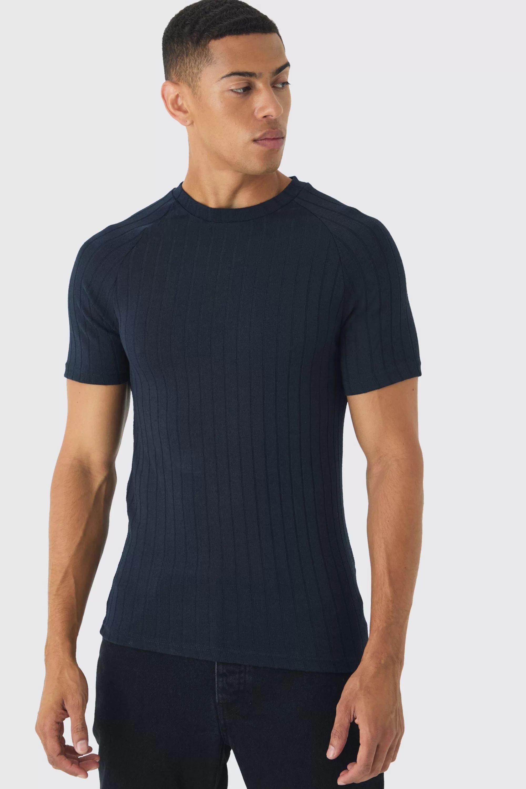 boohooMAN Raglan Chunky Rib Athlete T-Shirt | UK navy Store