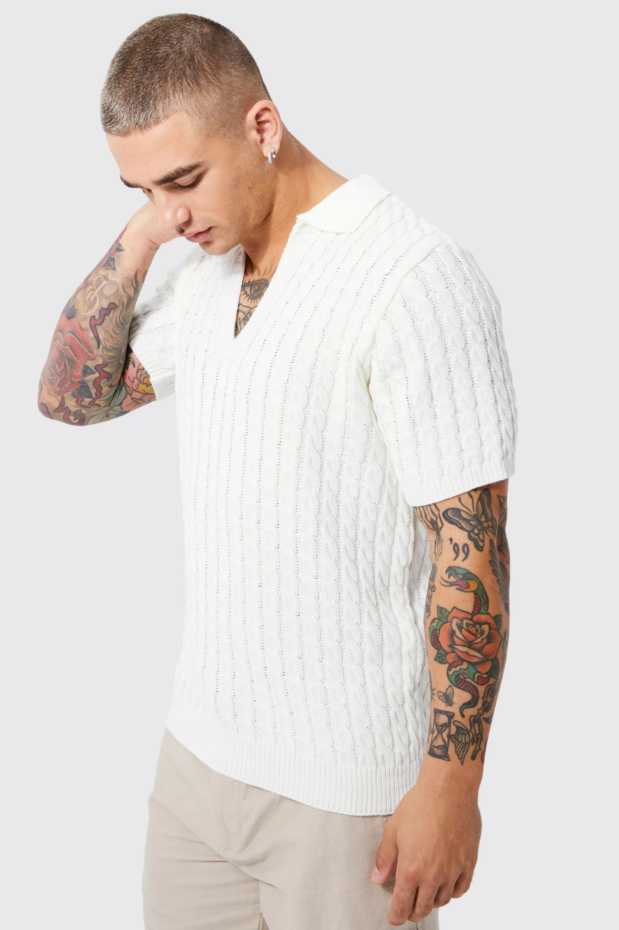 boohooMAN Regular Deep V Neck Waffle Knit Polo | UK ecru New