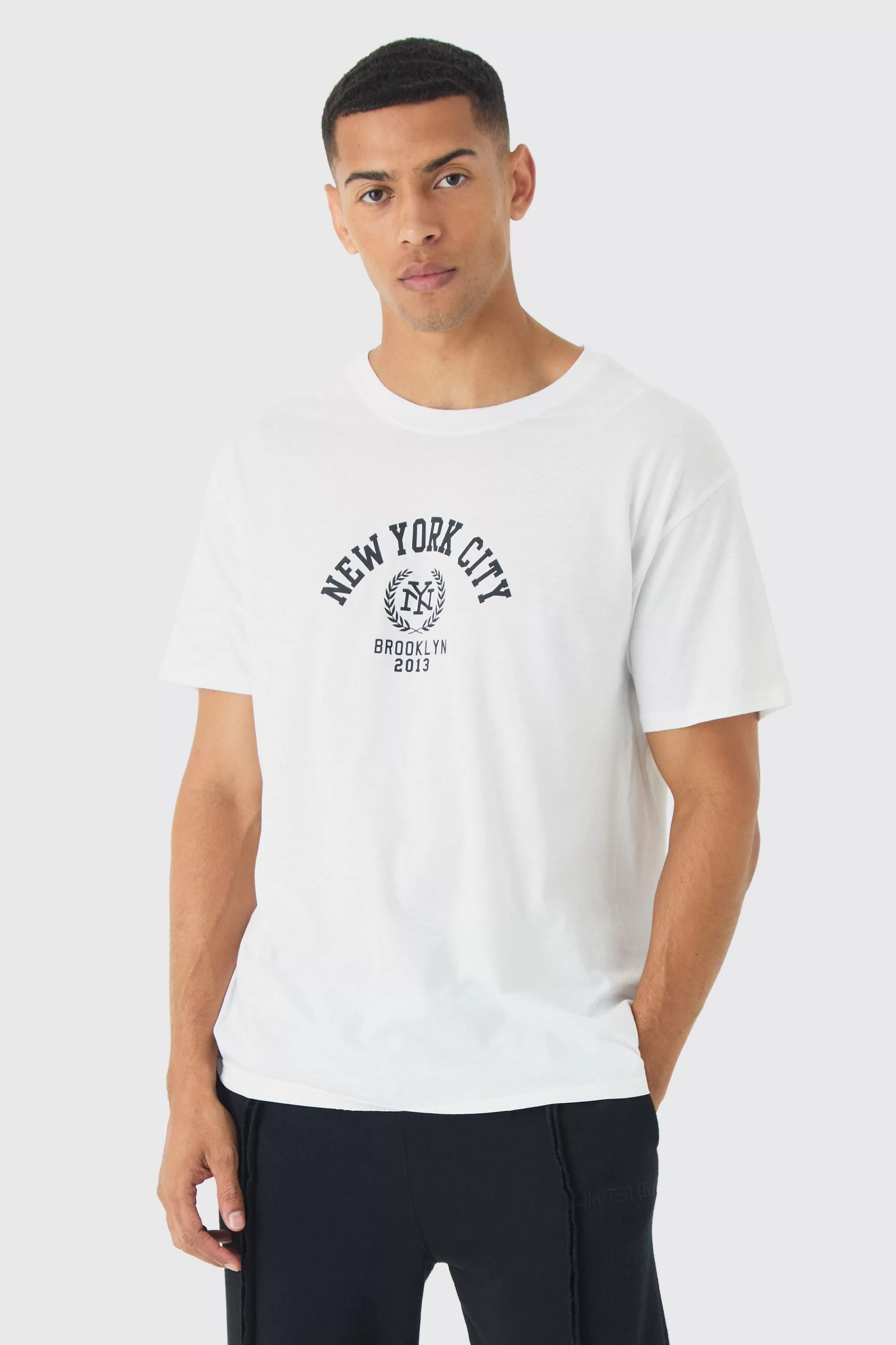 boohooMAN Regular Fit New York City Varsity T-Shirt | UK white Shop