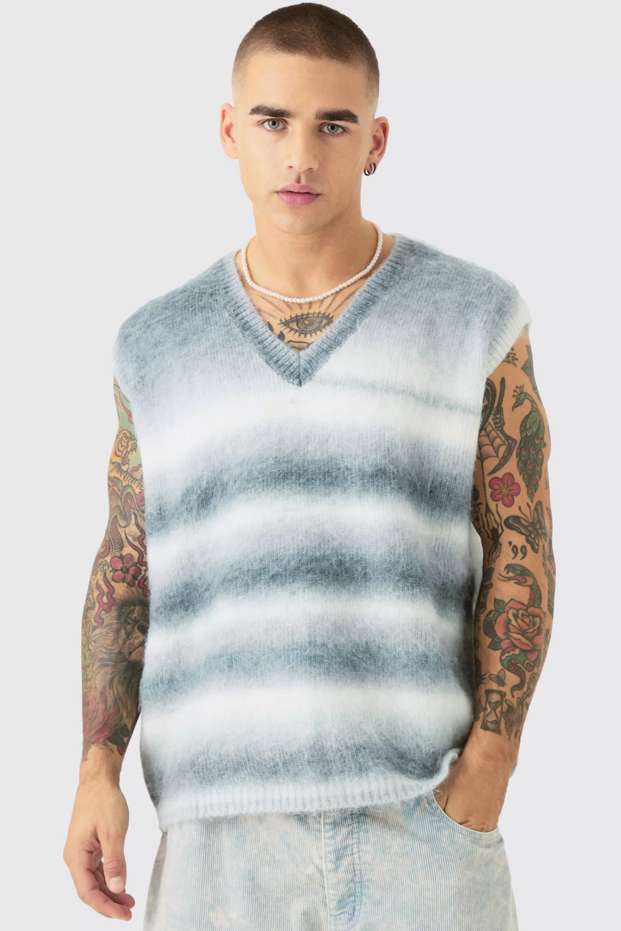 boohooMAN Regular Knitted Brushed Stripe V Neck Tank | UK teal Best